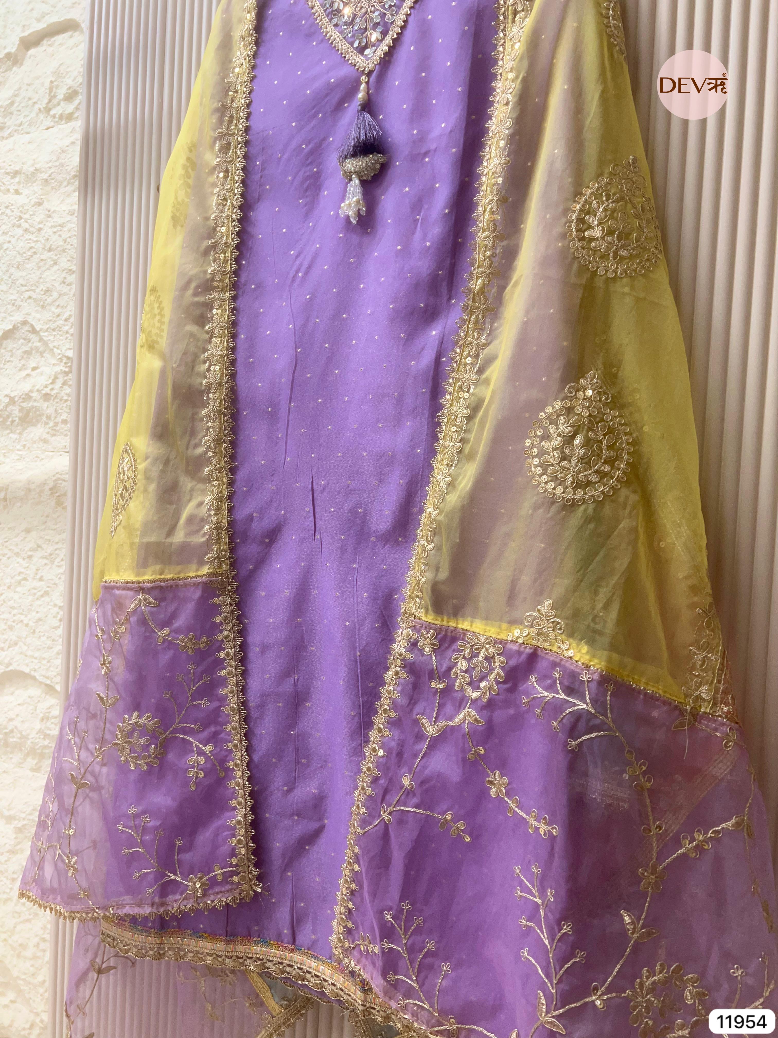 Purple Pure Shimmer Tissue Silk Unstitched Hand Embroidered -Set Of 3 - {11954}
