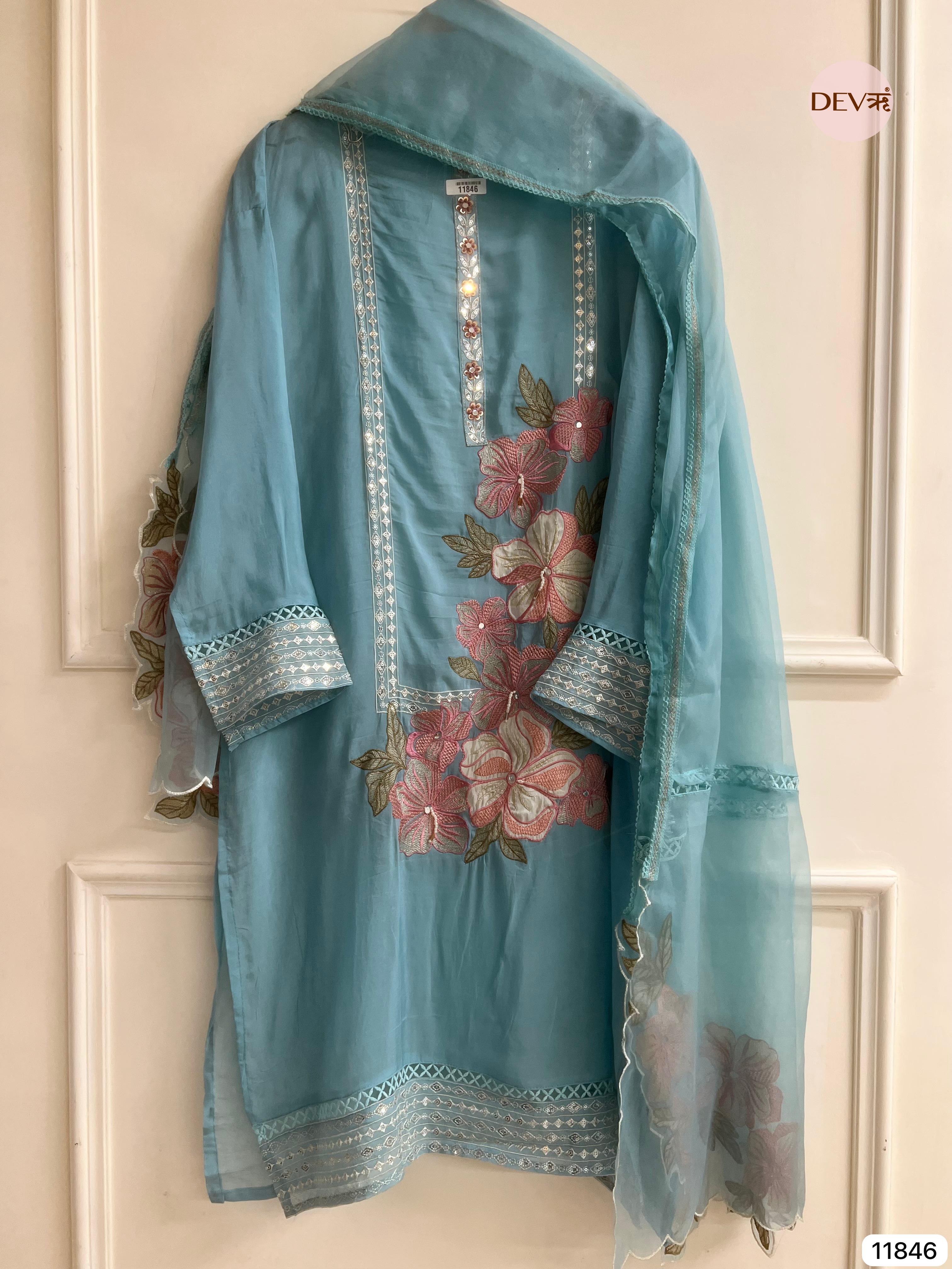 Blue Organza Semi Stitched Embroidered -Set Of 3 - {11846}