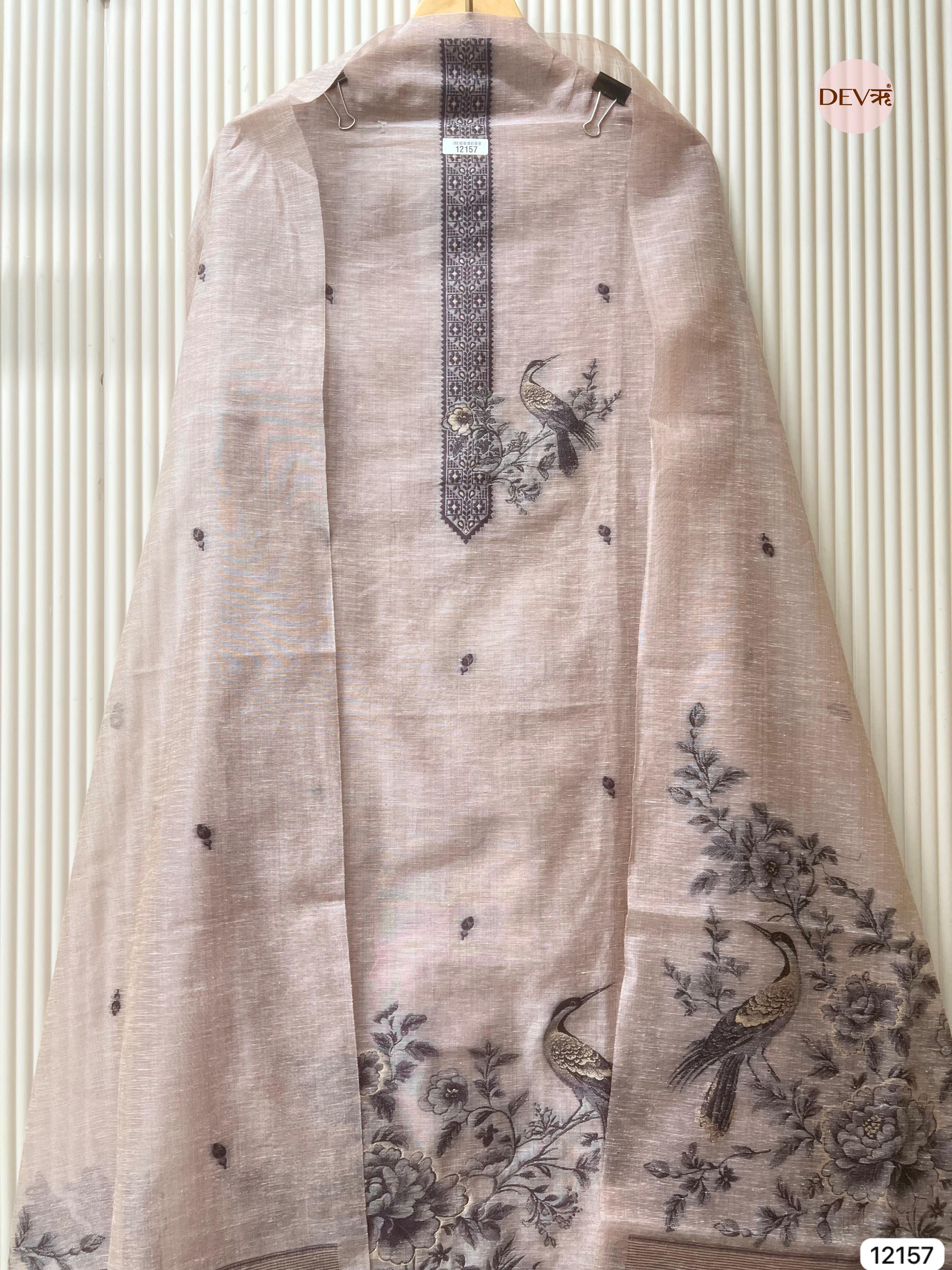 Light Brown Pure Jamdani Linen Unstitched -Set Of 3 - {12157}