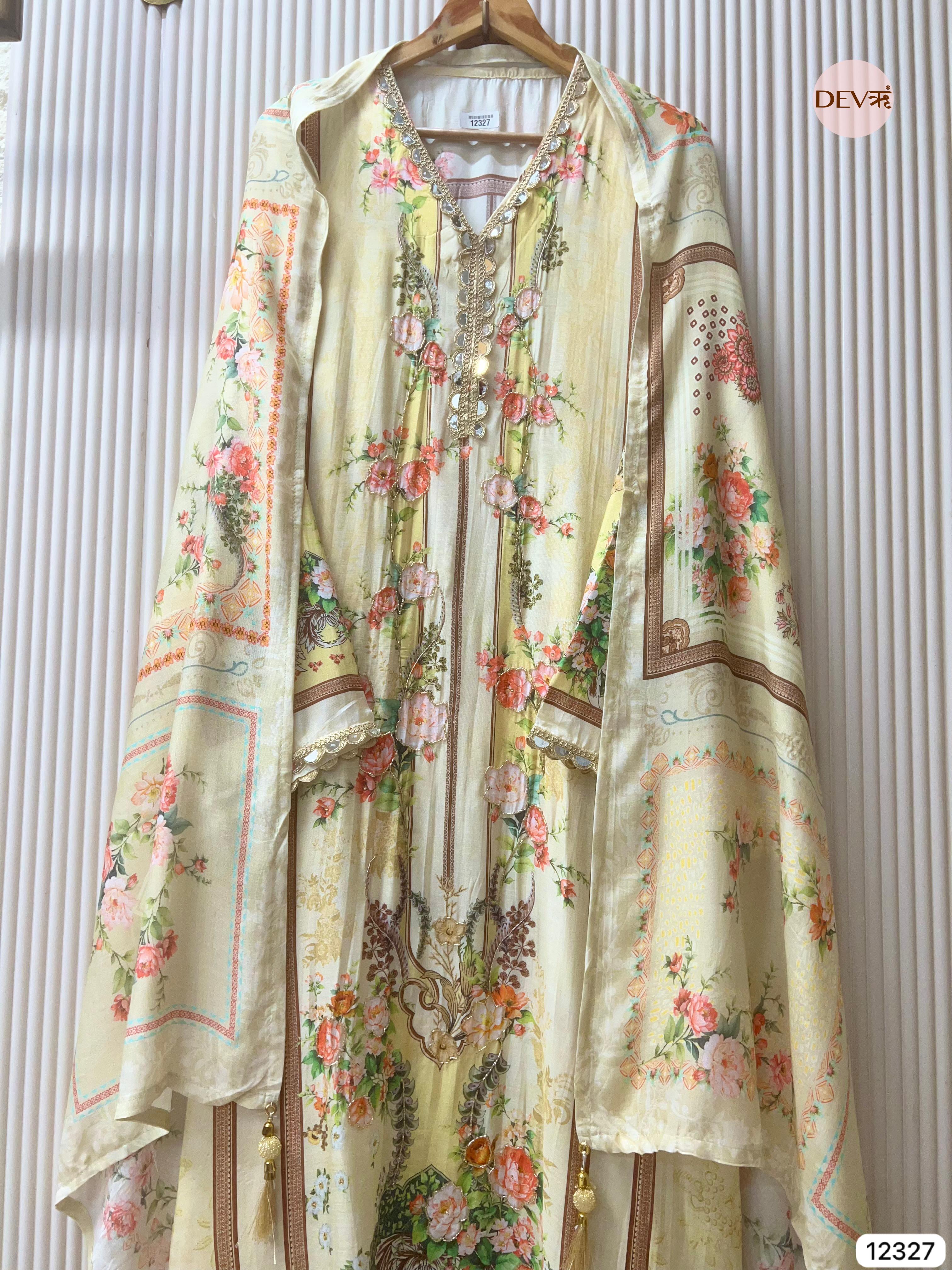 Soft Cream Muslin Printed Unstitched 3-Piece Suit (Devri – D.No 12327)