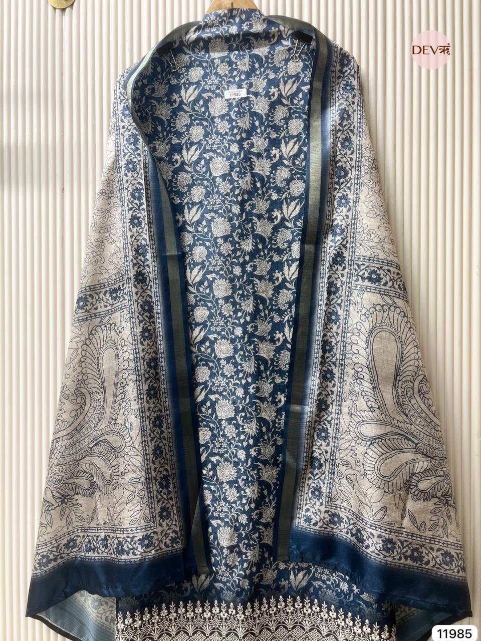 Blue Pure Tusser Silk Printed Unstitched 3-Piece Suit (Devri – D.No 11985)