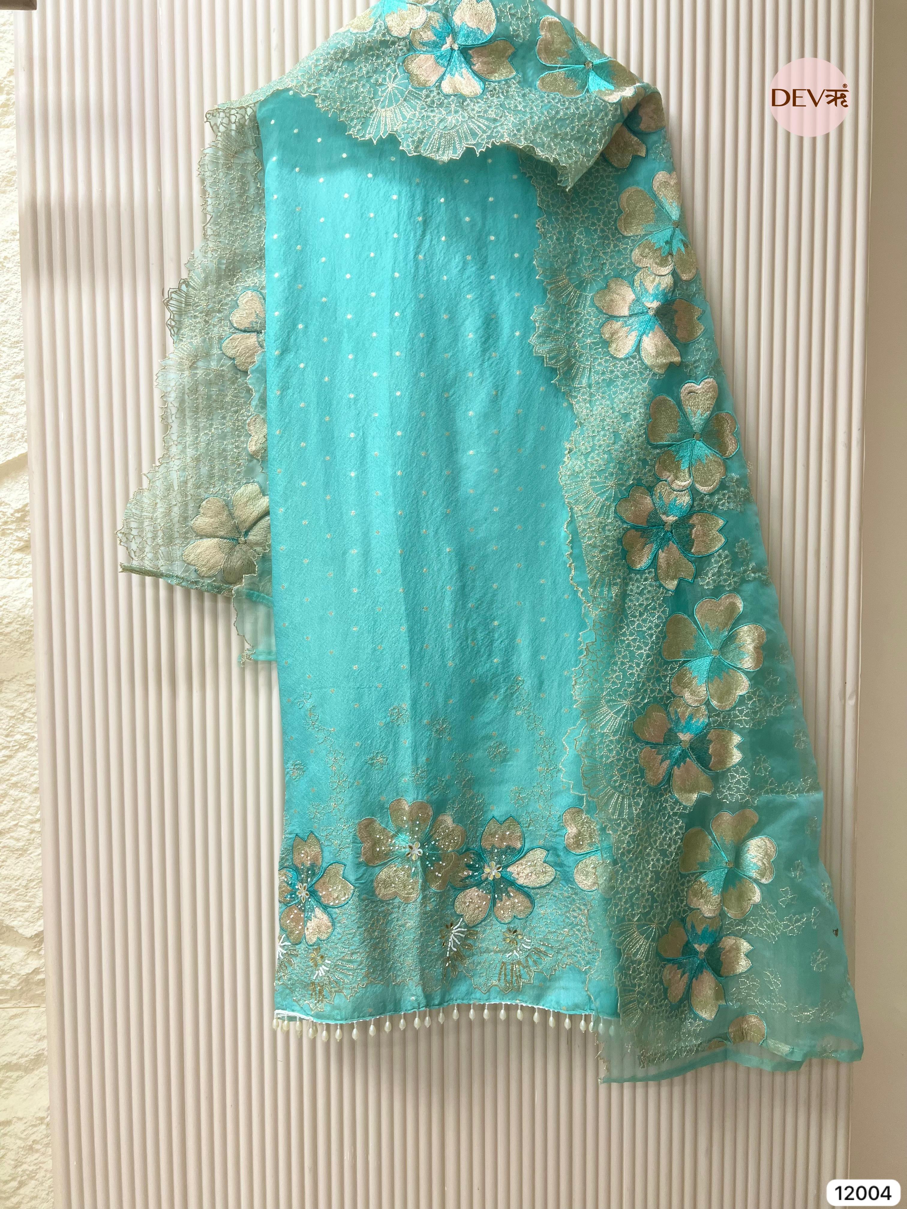 Blue Tissue Shimmer Silk Unstitched Embroidered -Set Of 3 - {12004}