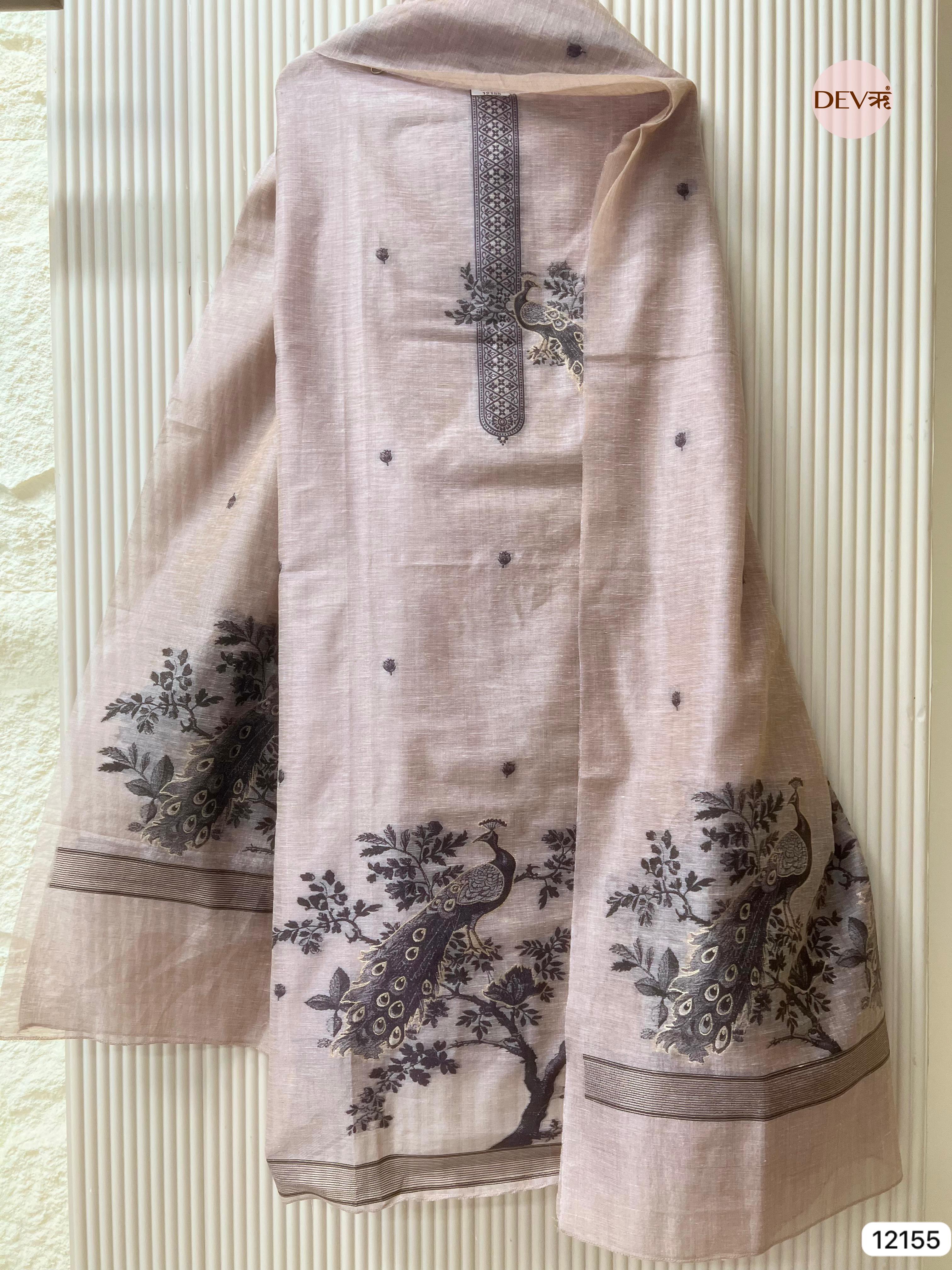Light Brown Pure Jamdani Linen Unstitched-Set Of 3 - {12155}