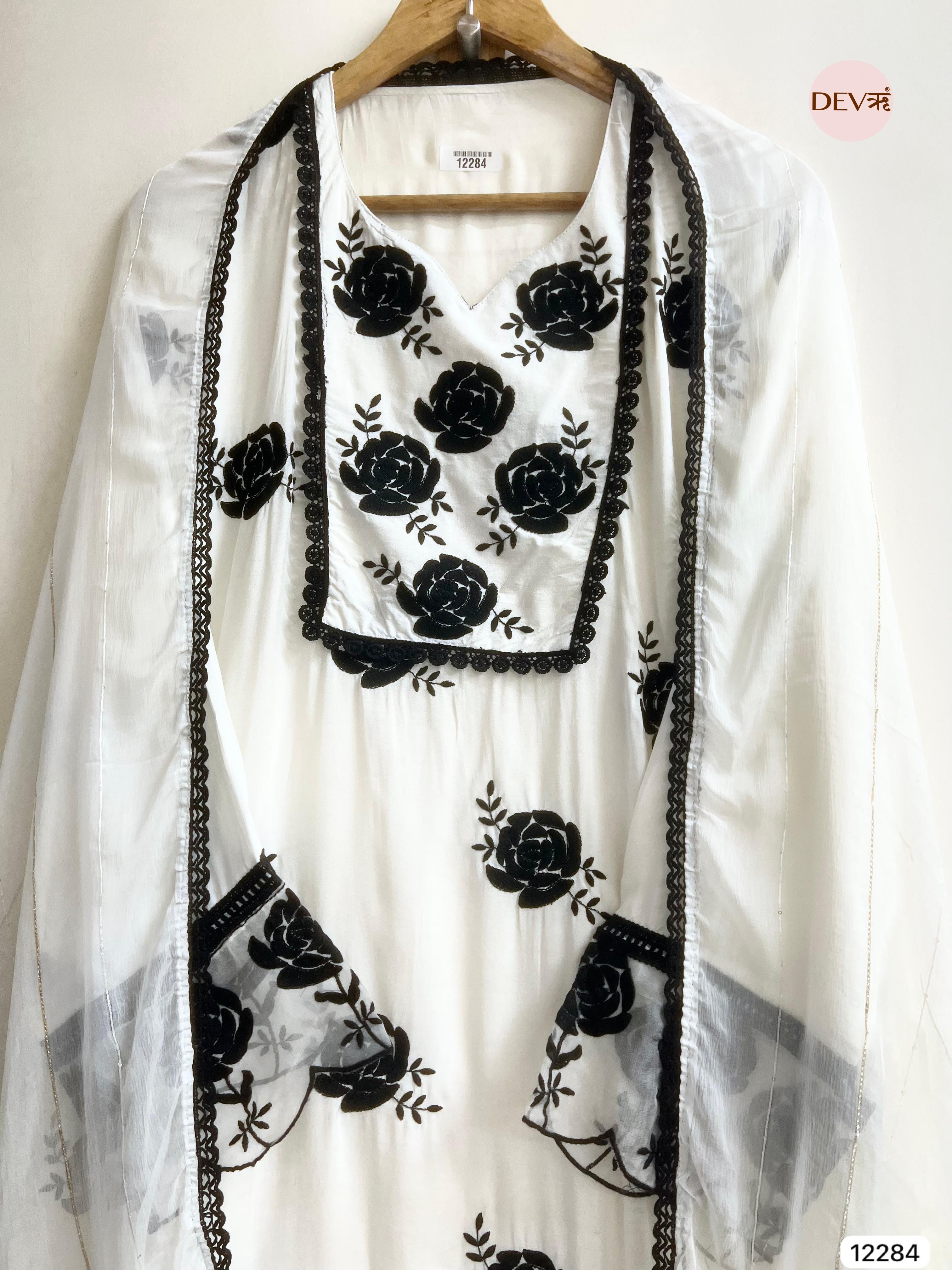 Ivory Muslin Embroidered Unstitched 3-Piece Suit (Devri – D.No 12284)