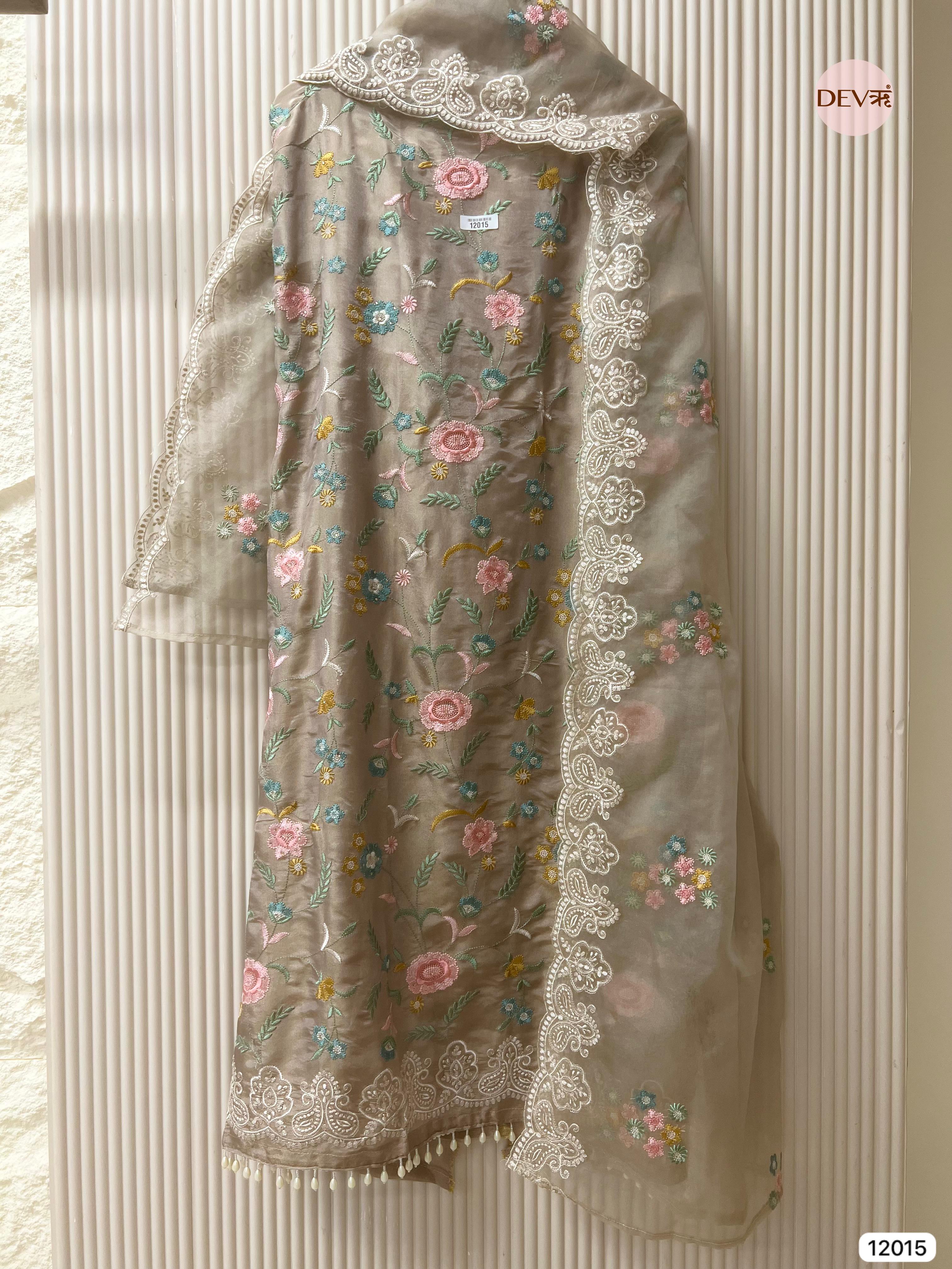 Grey Shimmer Tissue Silk Unstitched Embroidered -Set Of 3 - {12015}