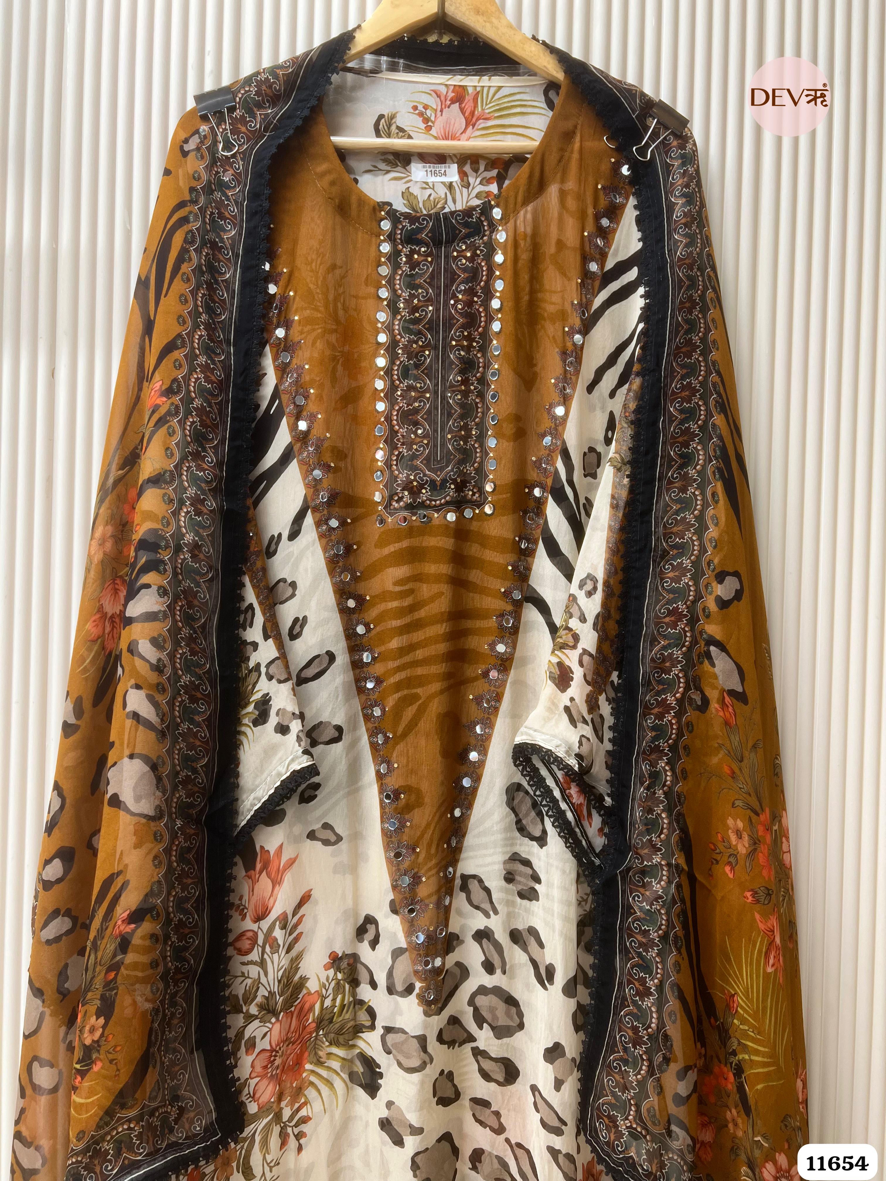 Brown/Cream Organza Printed Semi Stitched Hand Embroidered -Set Of 3 {11654}