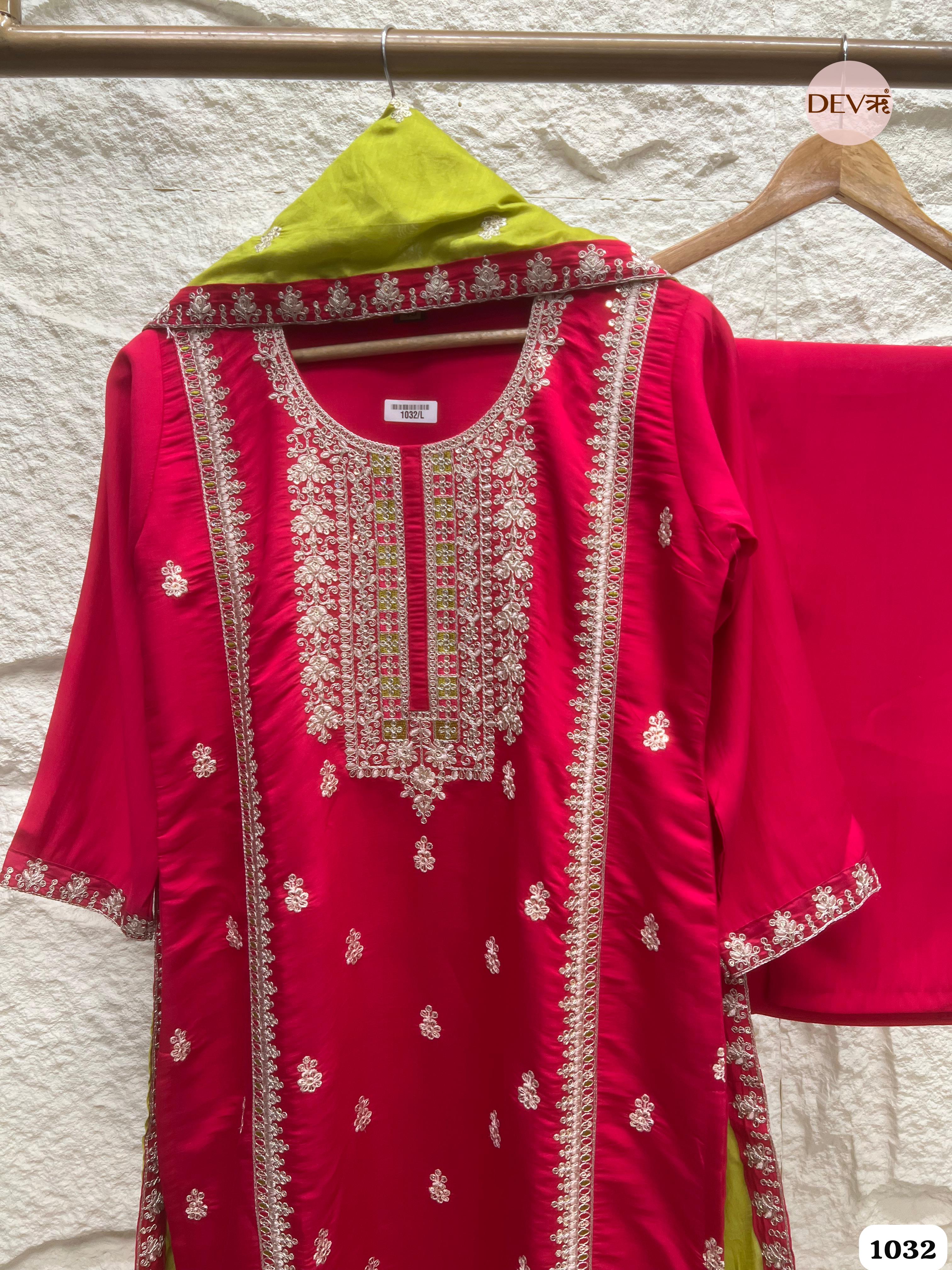 Red Silk Stiched Embroidered -Set Of 3 {1032}