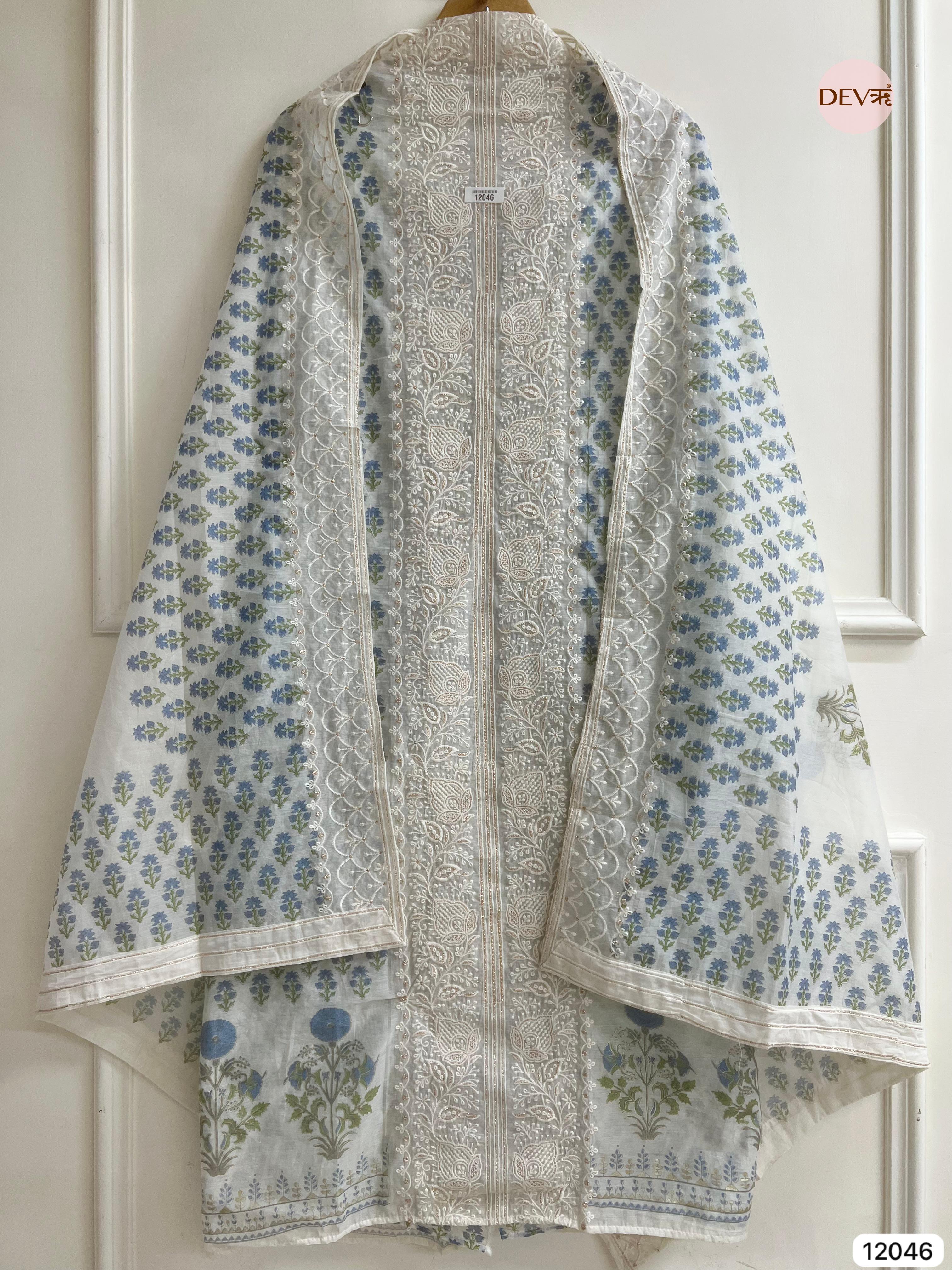 White & Blue Mul Chanderi Unstitched Block Printed Lucknawi Embroidered -Set Of 3 - {12046}