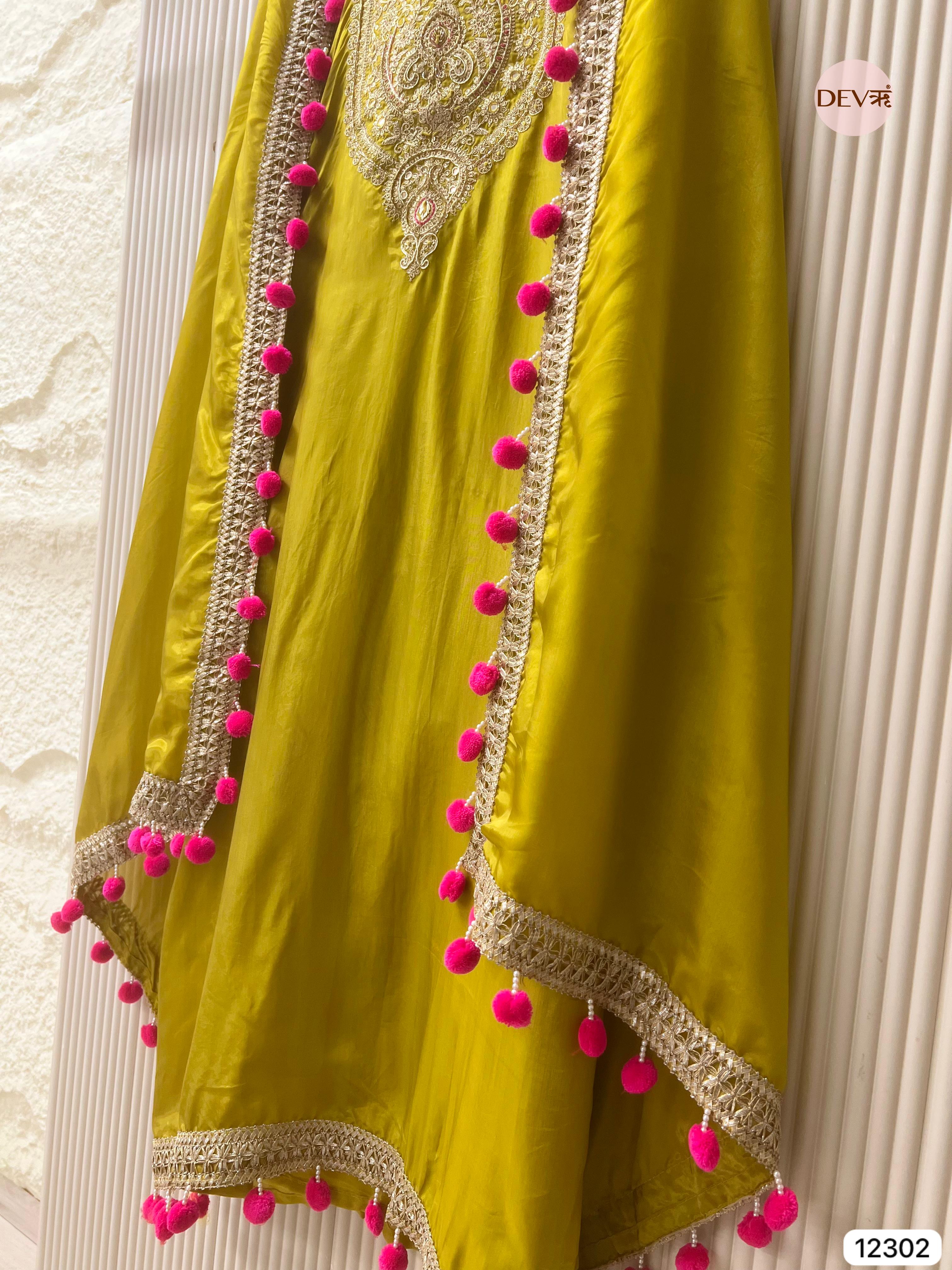 Lime Glass Organza Embroidered Unstitched 3-Piece Suit (Devri – D.No 12302)