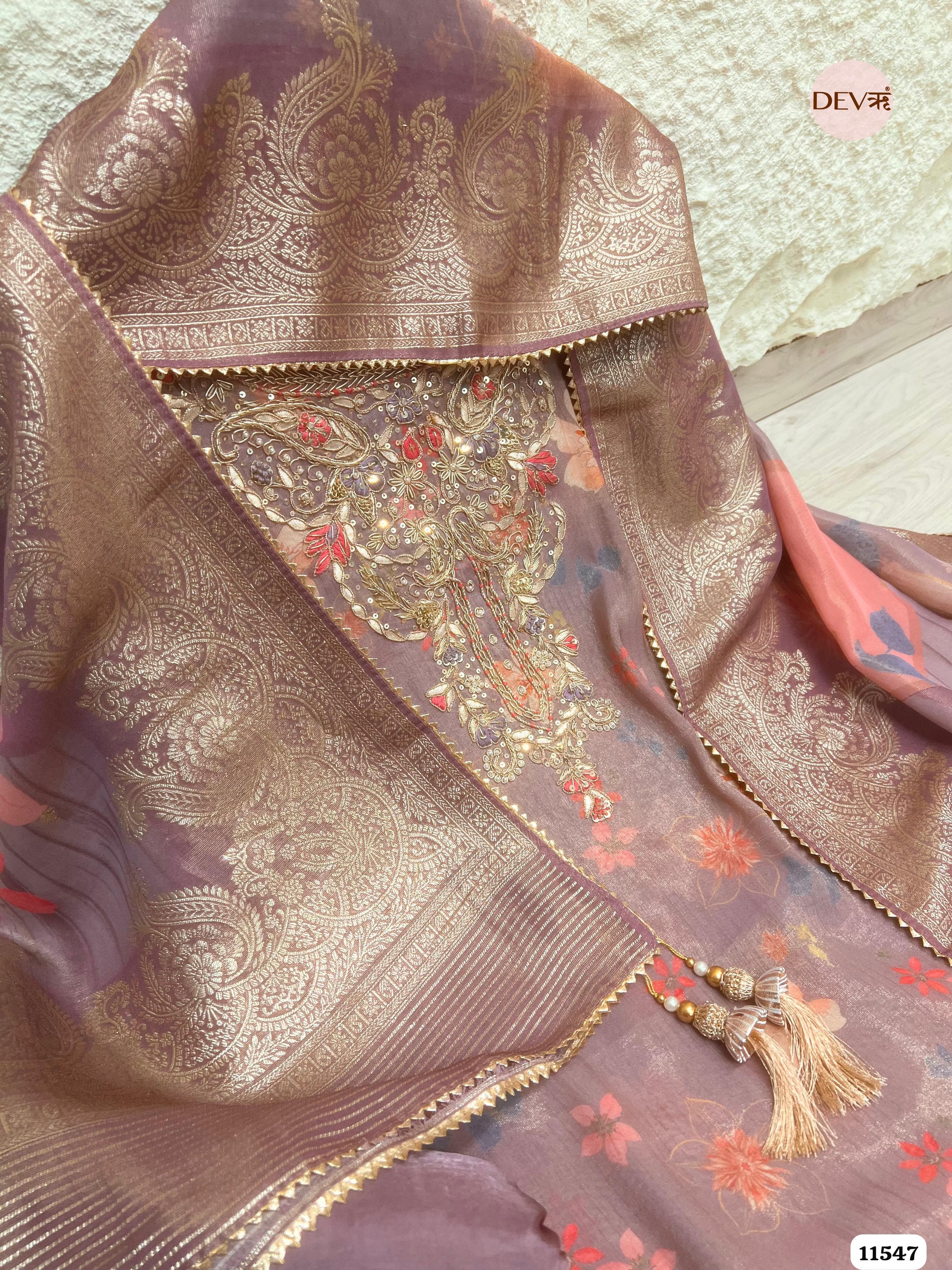 Purple Pure Tissue Silk Printed Unstitched Hand Embroidered -Set Of 3 {11547}