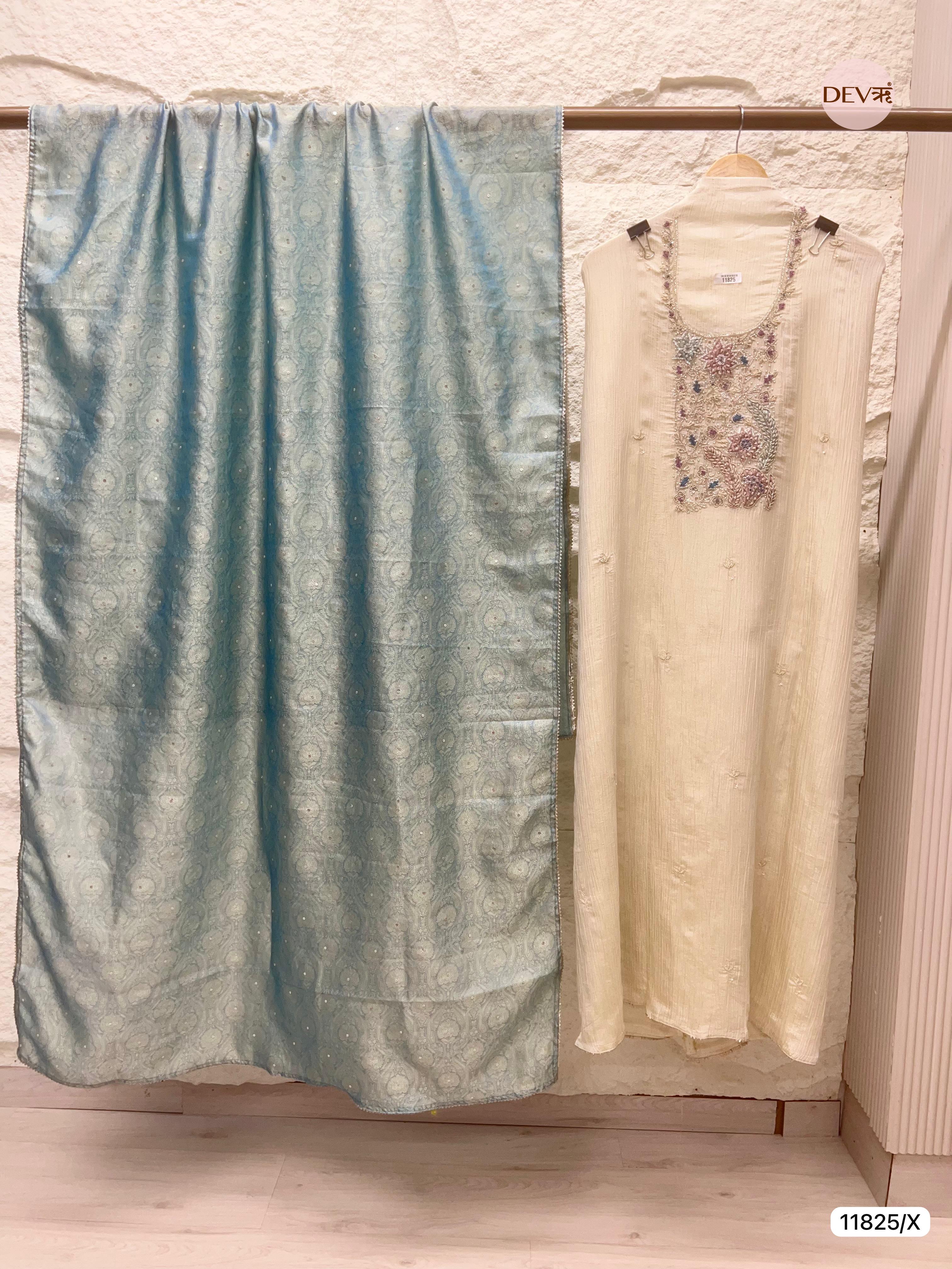 Off White Pure Tissue Crush Silk Unstitched Hand Embroidered -Set Of 3- {11825/X}