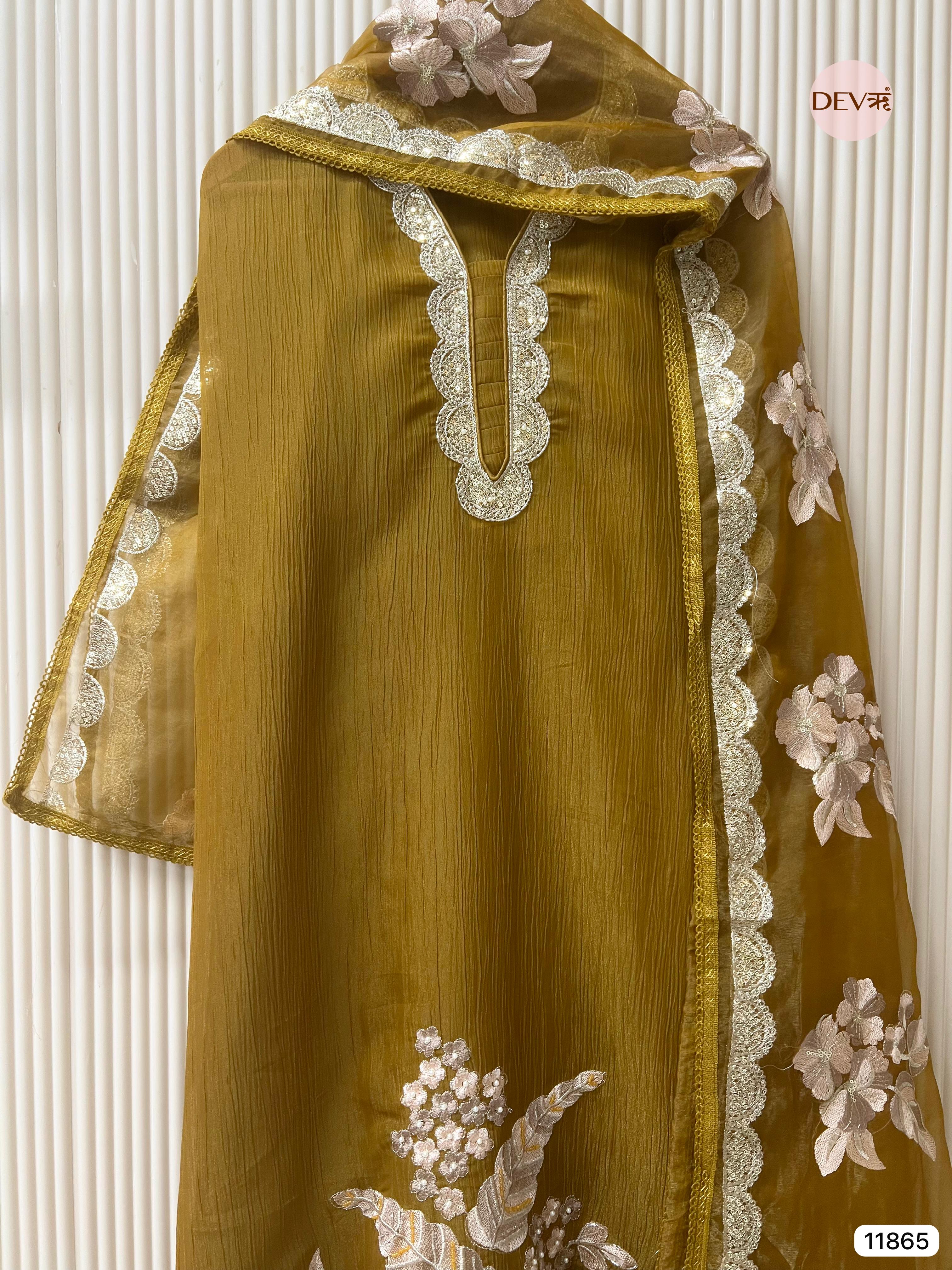 Golden Brown Tissue Crush Silk Unstitched Embroidered -Set Of 3 - {11865}
