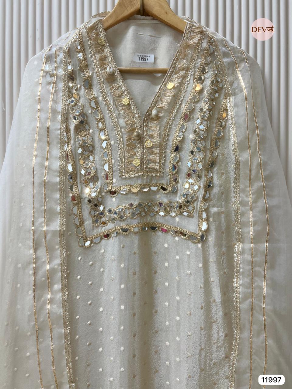 Cream Colour Tissue Shimmer Silk Hand Embroidered -Set Of 3 - {11997}