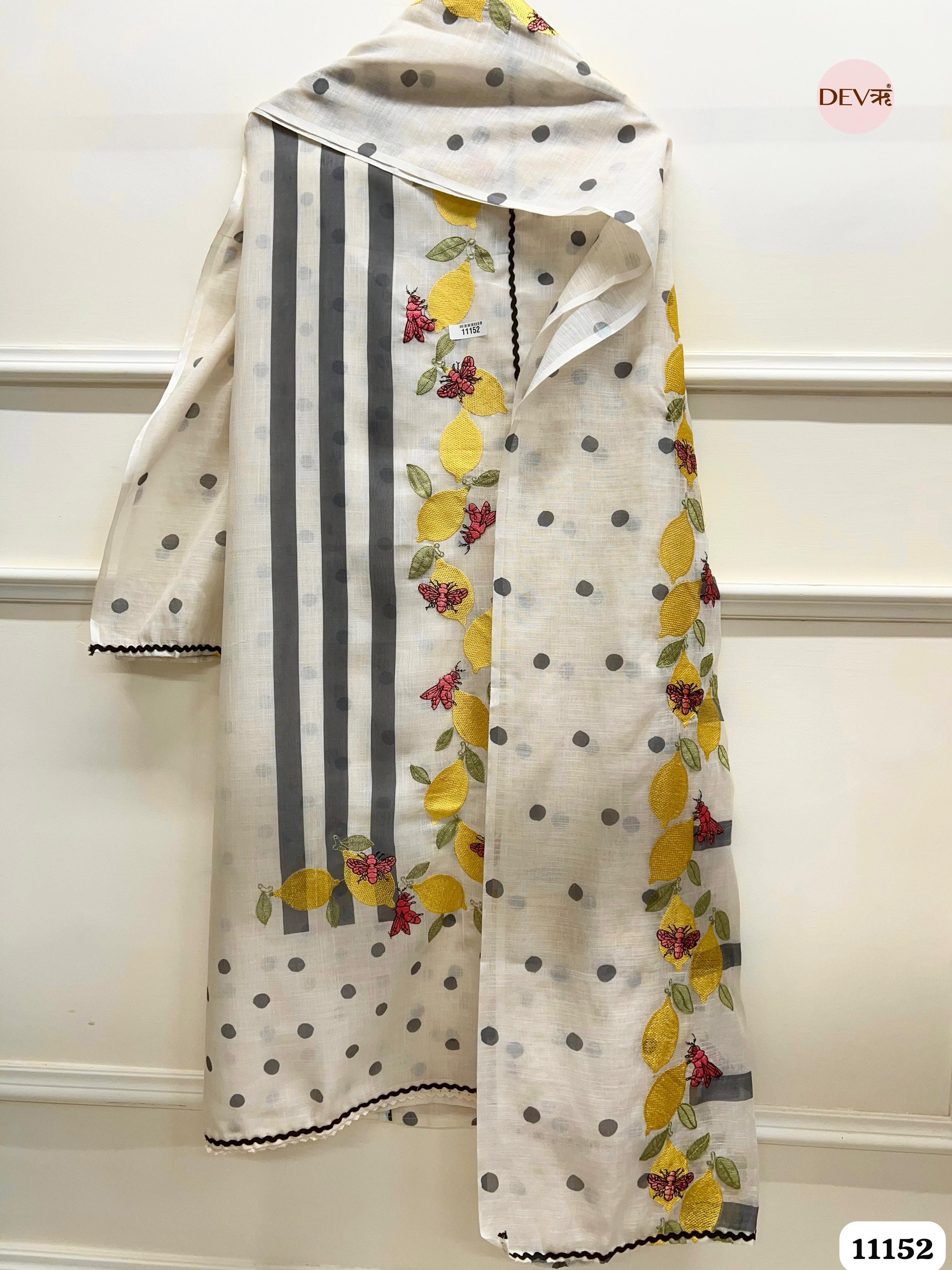 White Linen Unstitched Printed Embroidered -Set Of 3 {11152}