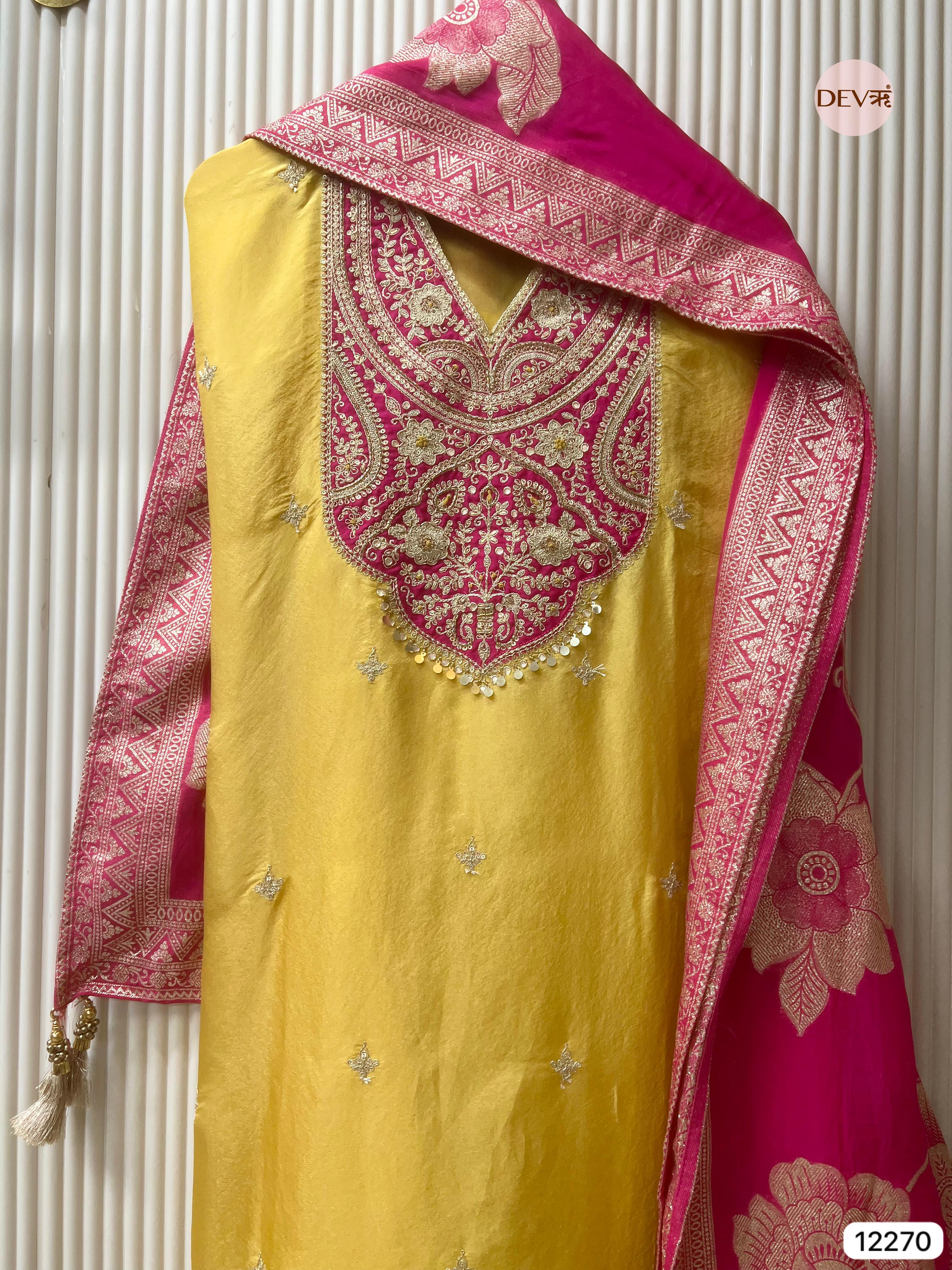 Yellow Shimmer Silk Embroidered Unstitched 3-Piece Suit (Devri – D.No 12270)