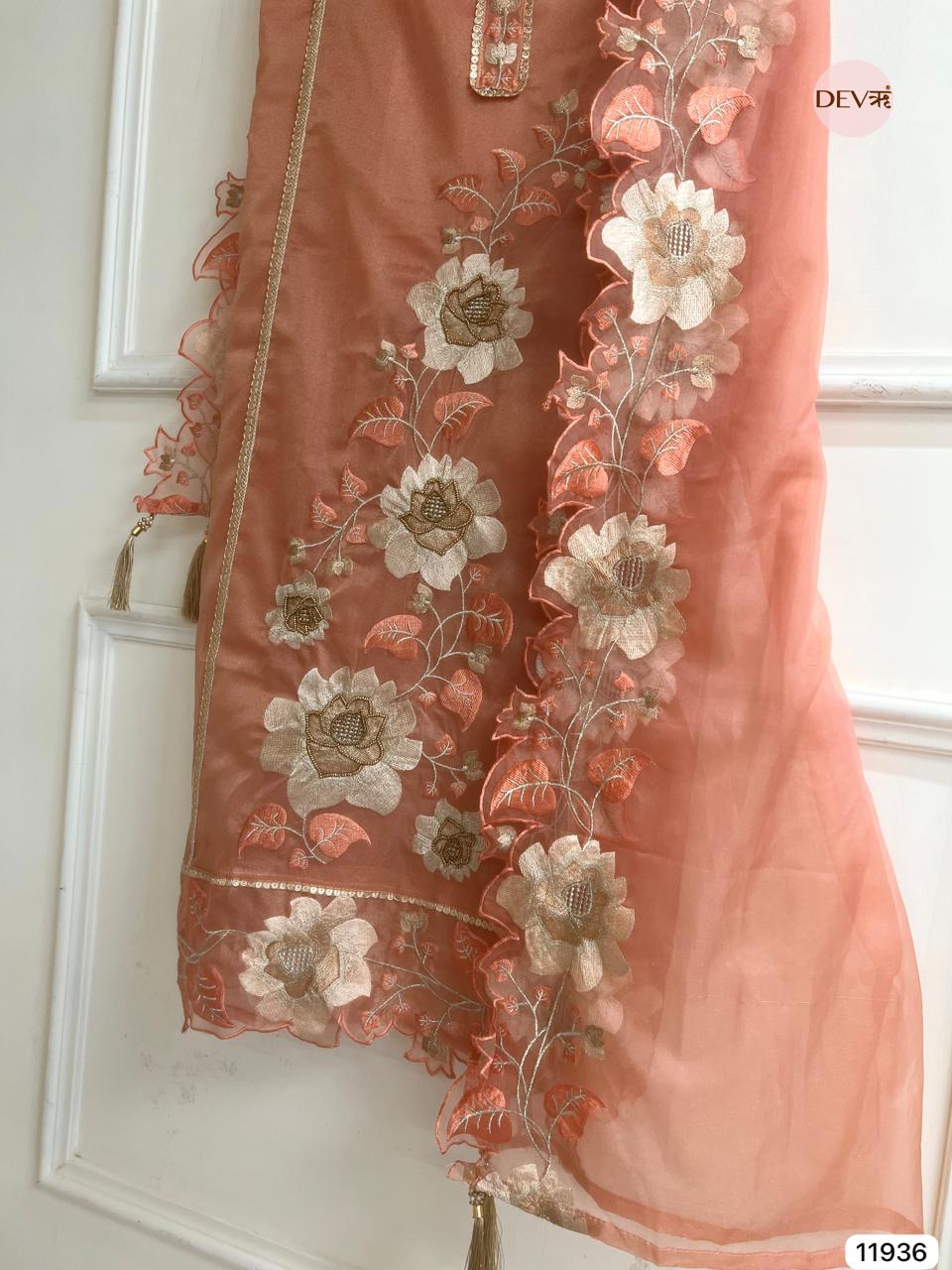 Orange Tissue Silk Unstitched Embroidered -Set Of 3- {11936}