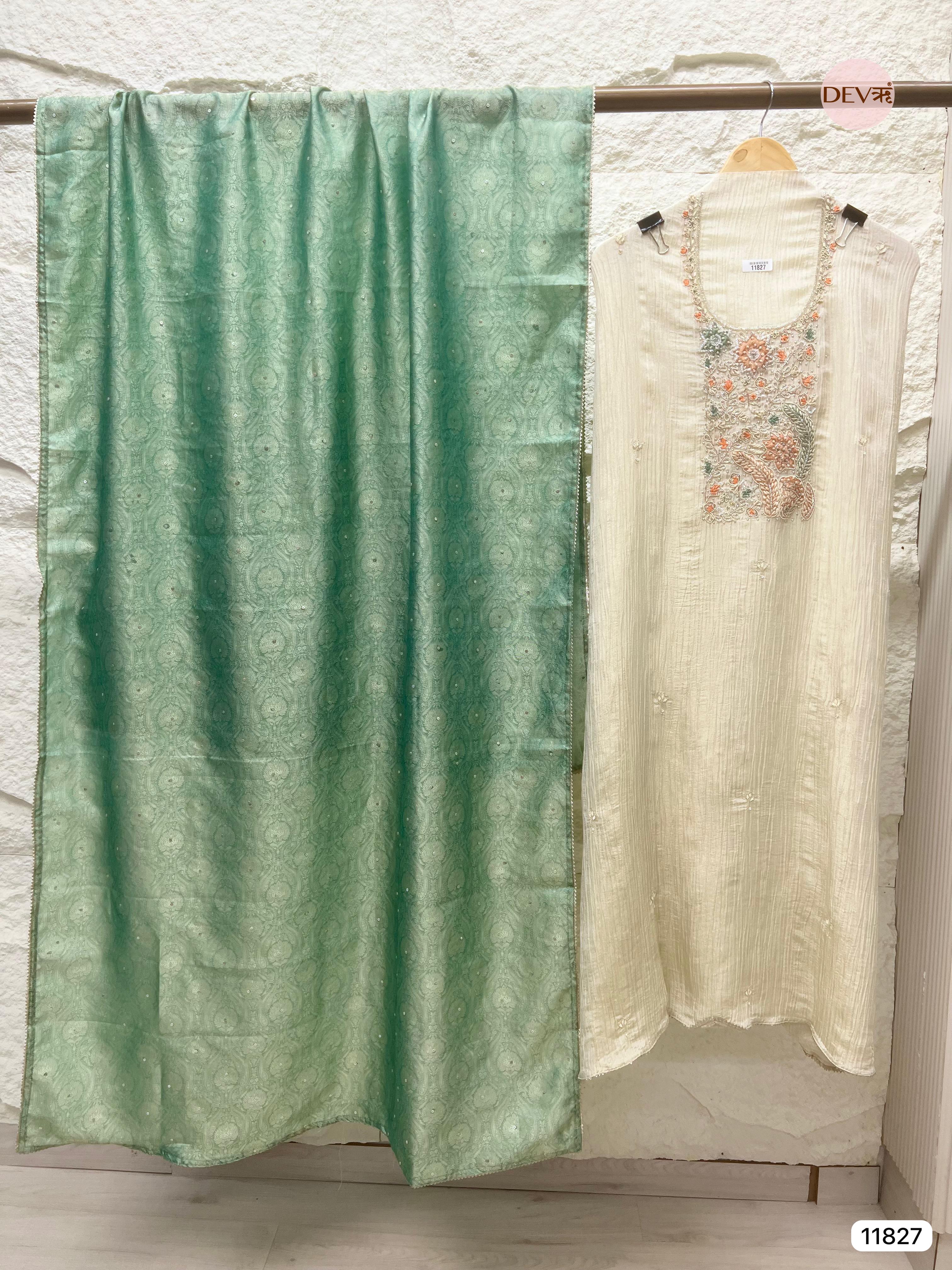 Off White Pure Tissue Crush Silk Unstitched Hand Embroidered -Set Of 3- {11827}