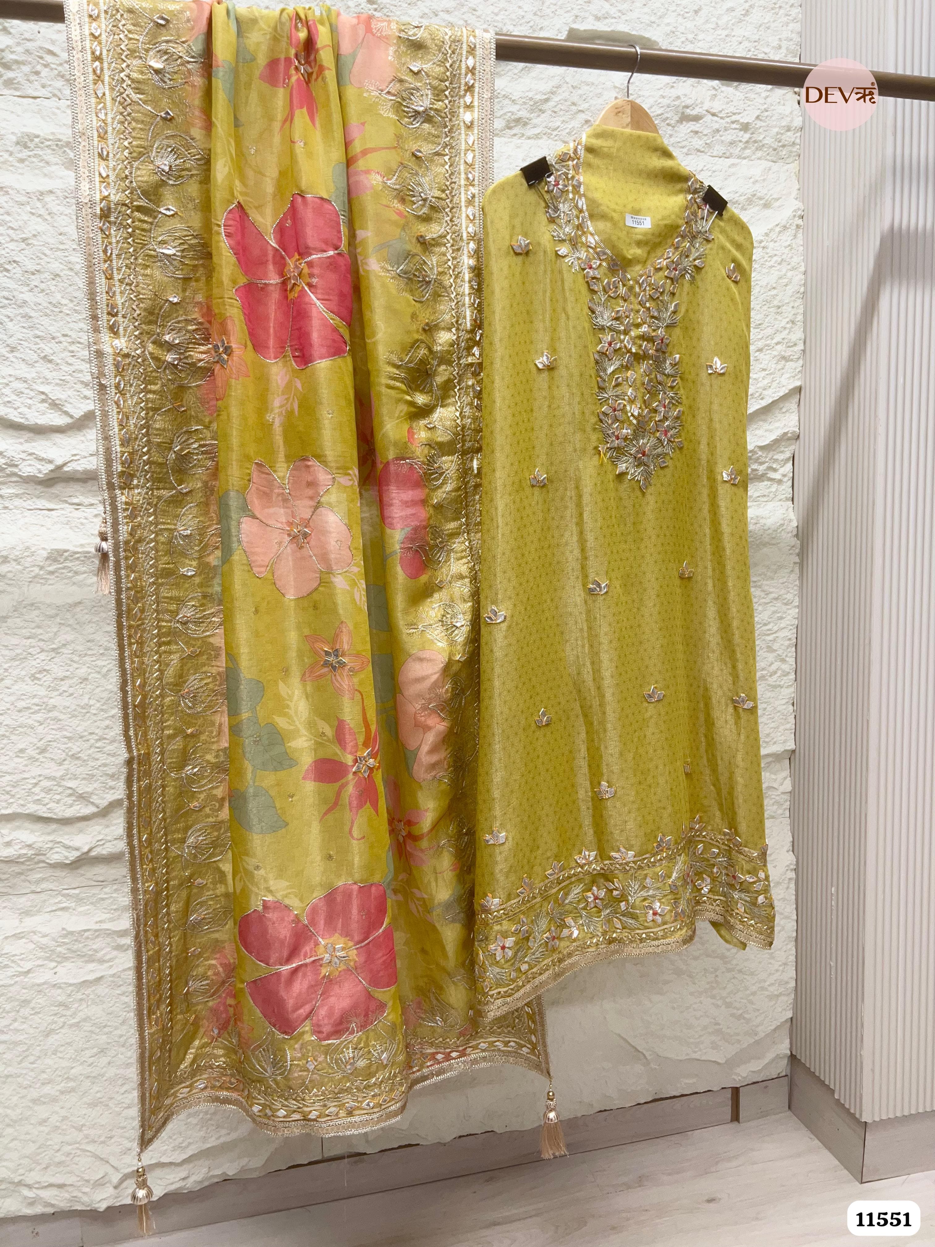 Olive Green Pure Tissue Silk Unstitched Printed Hand Gota Embroidered -Set Of 3 {11551}