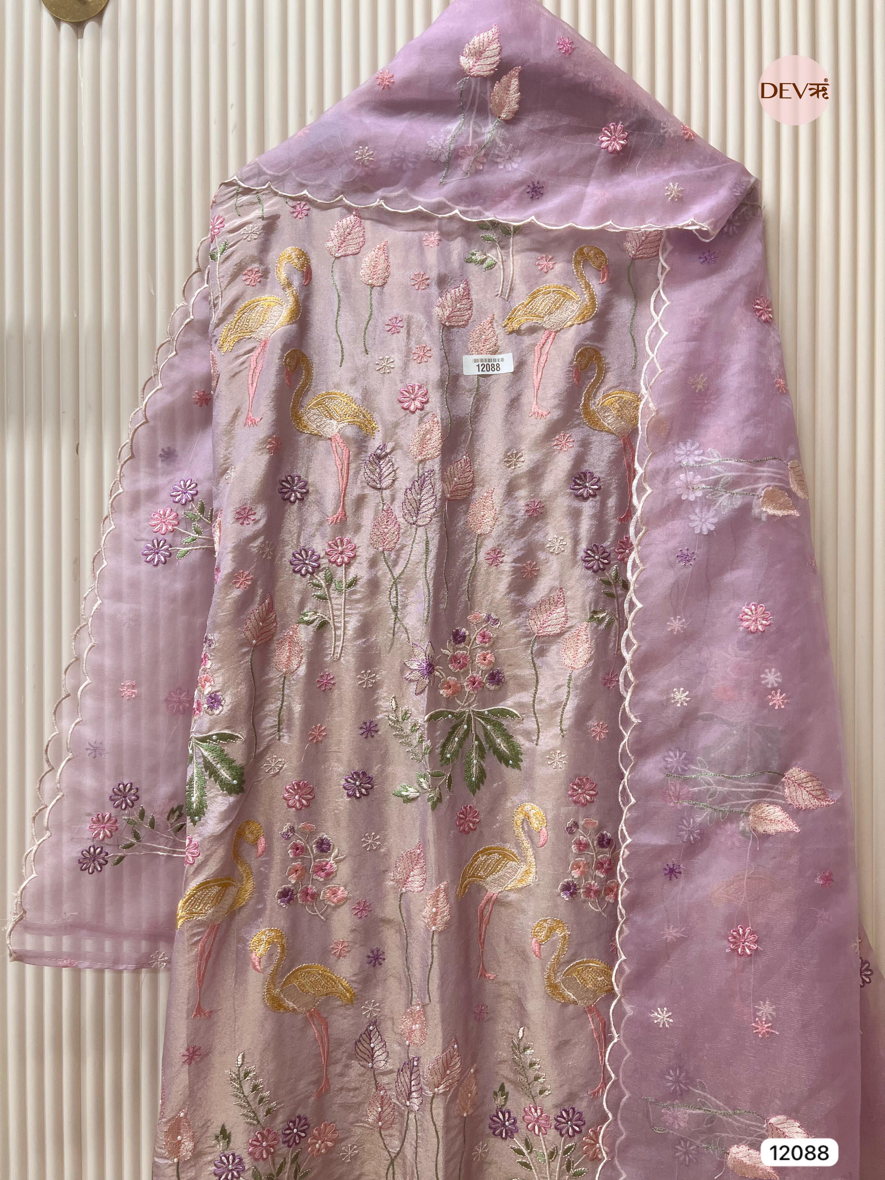 Light Purple Shimmer Tissue Silk Unstitched Embroidered -Set Of 3 - {12088}
