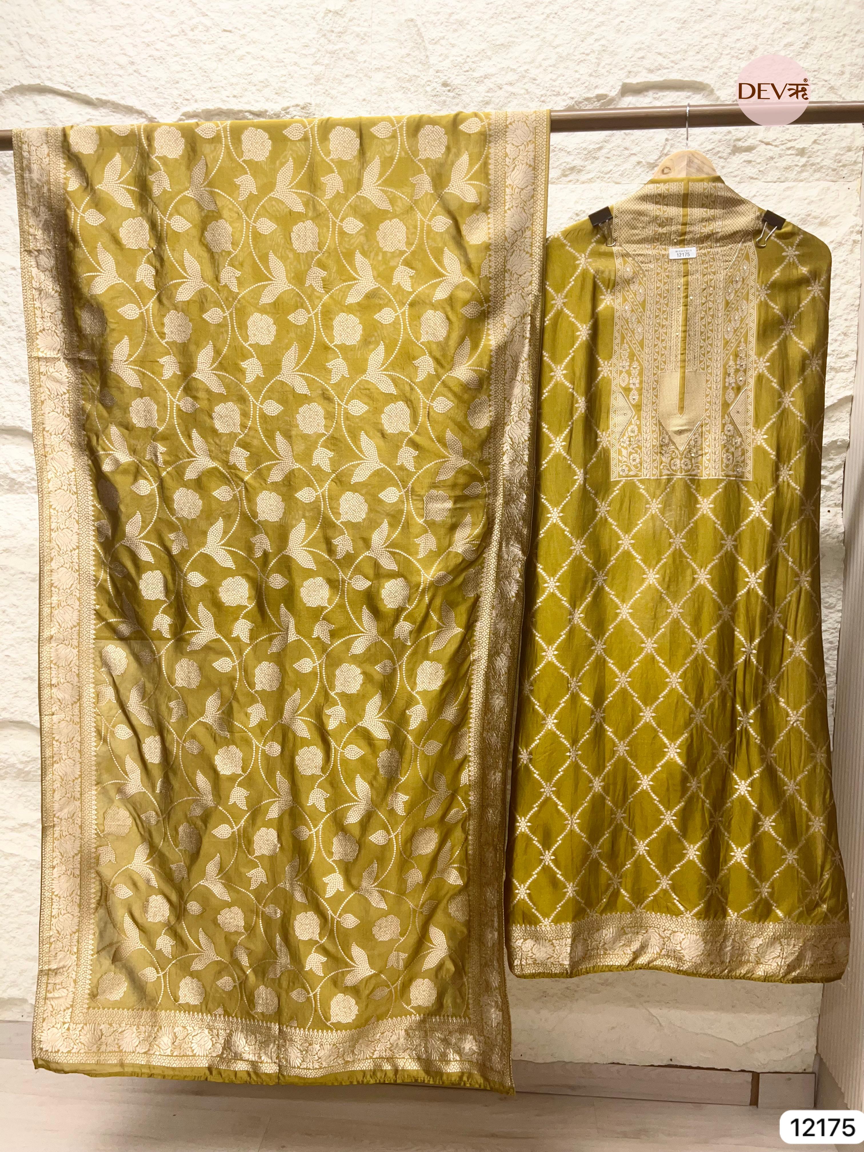 Yellow Pure Banarasi Silk Unstitched Hand Embroidered-Set of 3 - {12175}