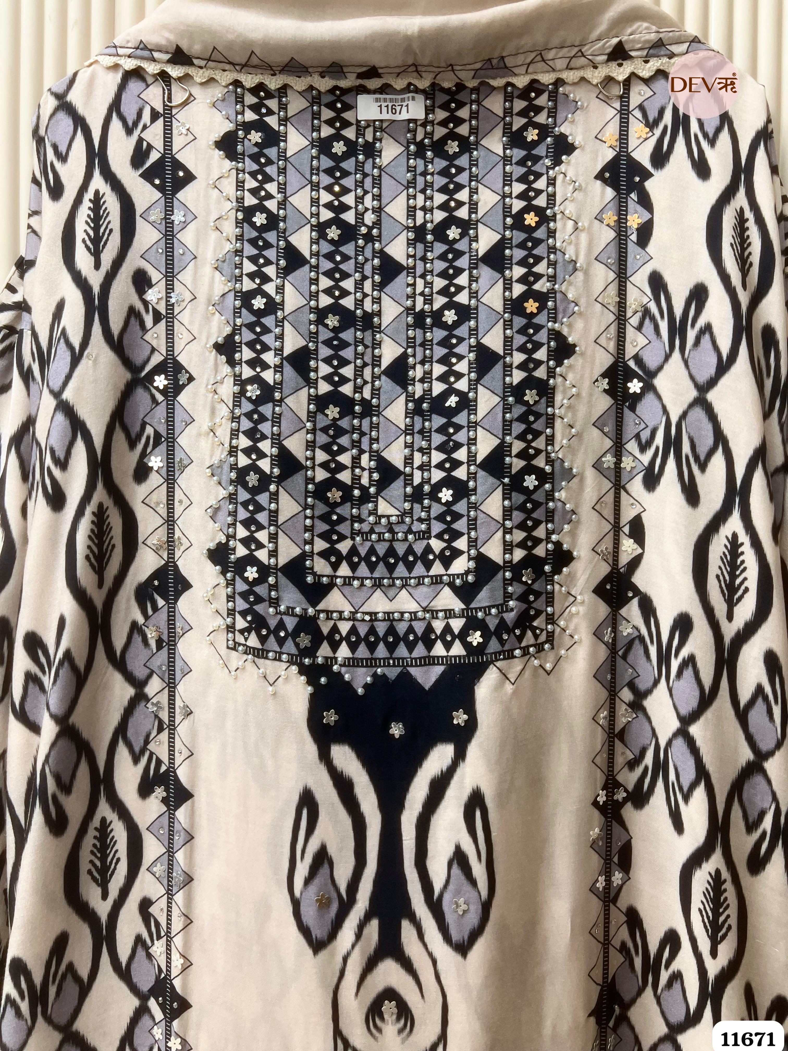 Off White Muslin Printed Semi Stitched Hand Embroidered -Set Of 3 {11671}