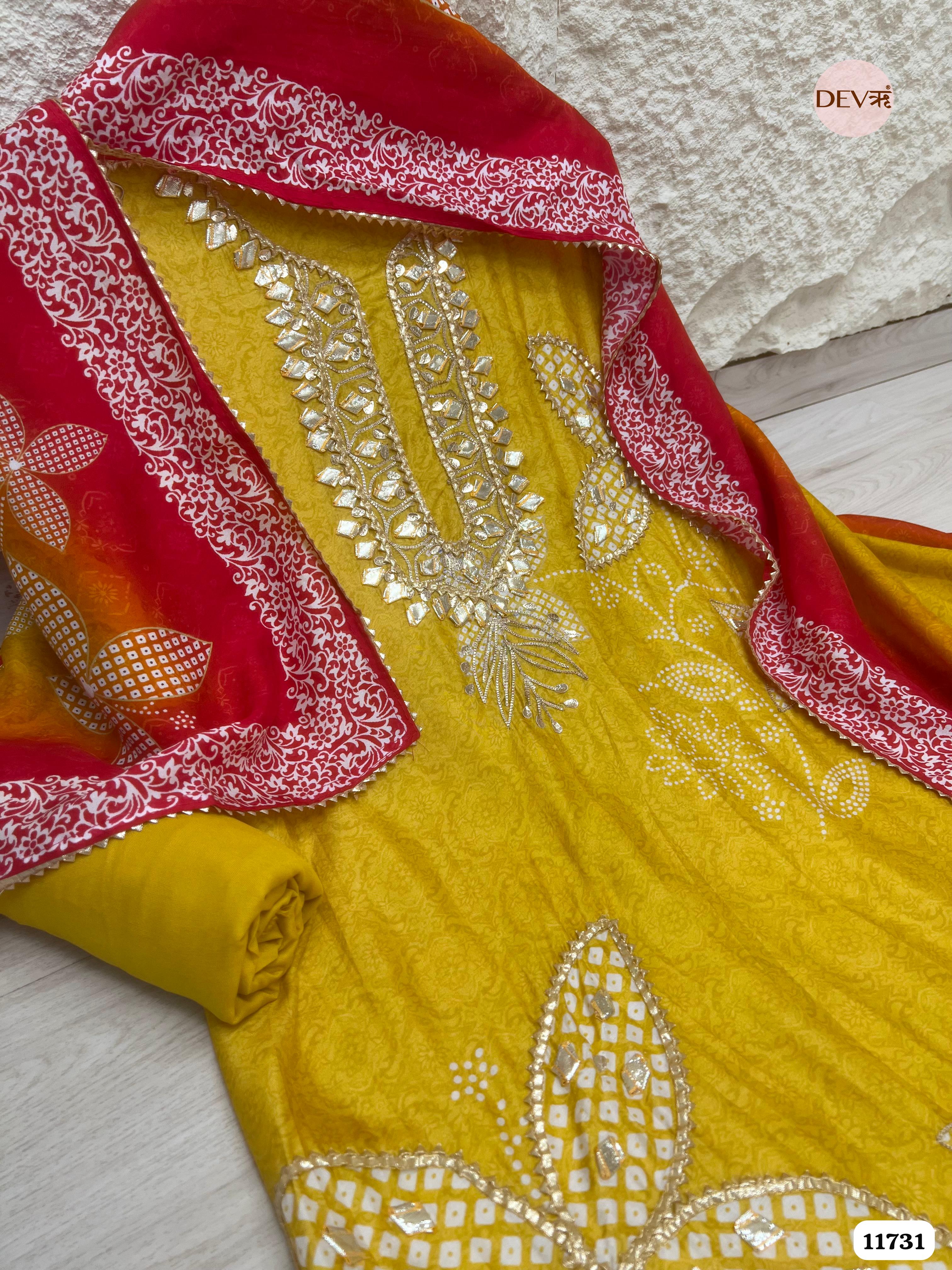 Yellow Russian Silk Semi Stitched Printed Hand Embroidered -Set Of 3- {11731}