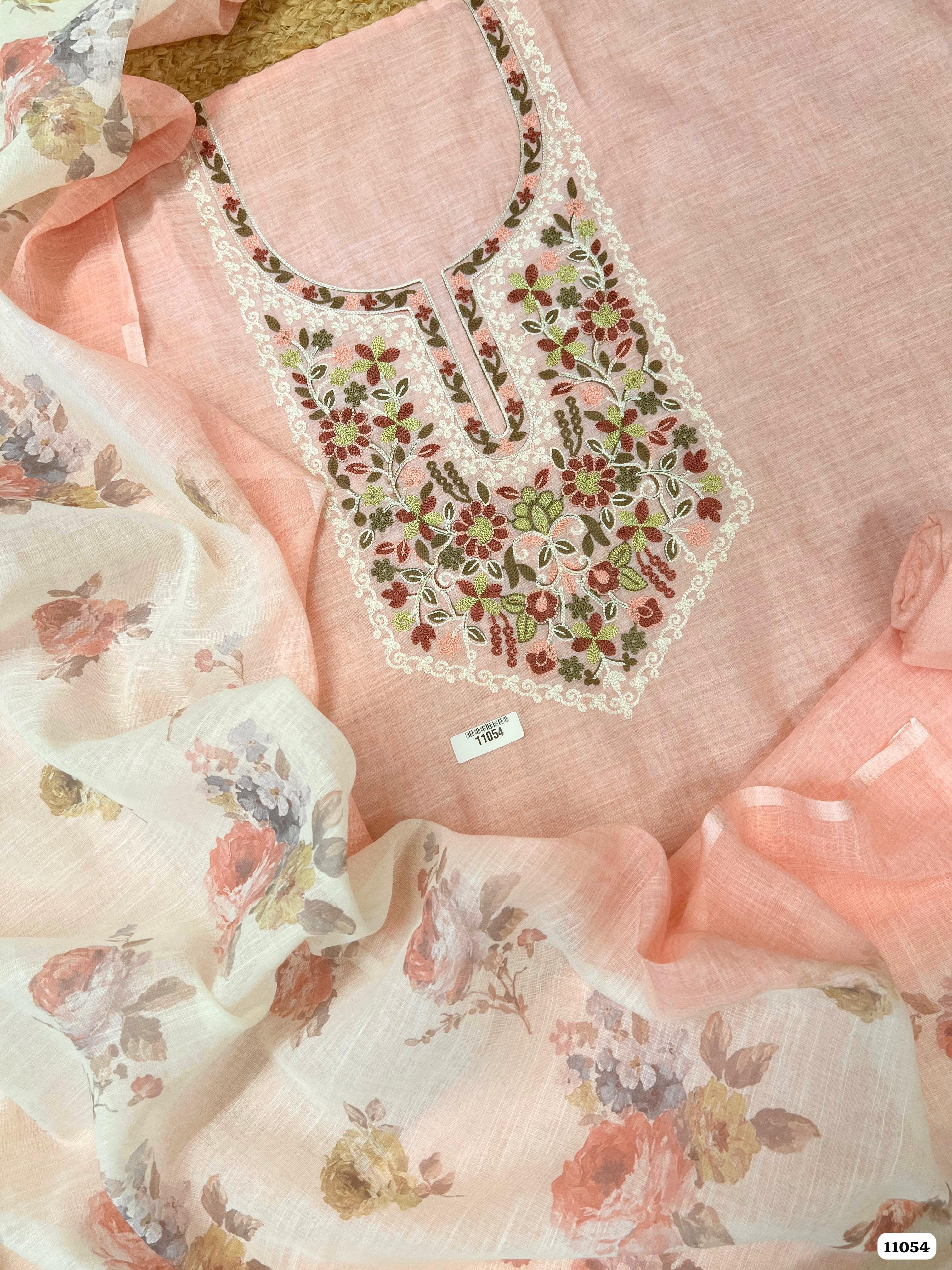 Pink Khadi Cotton Unstitched Embroidered -Set Of 3 {11054}
