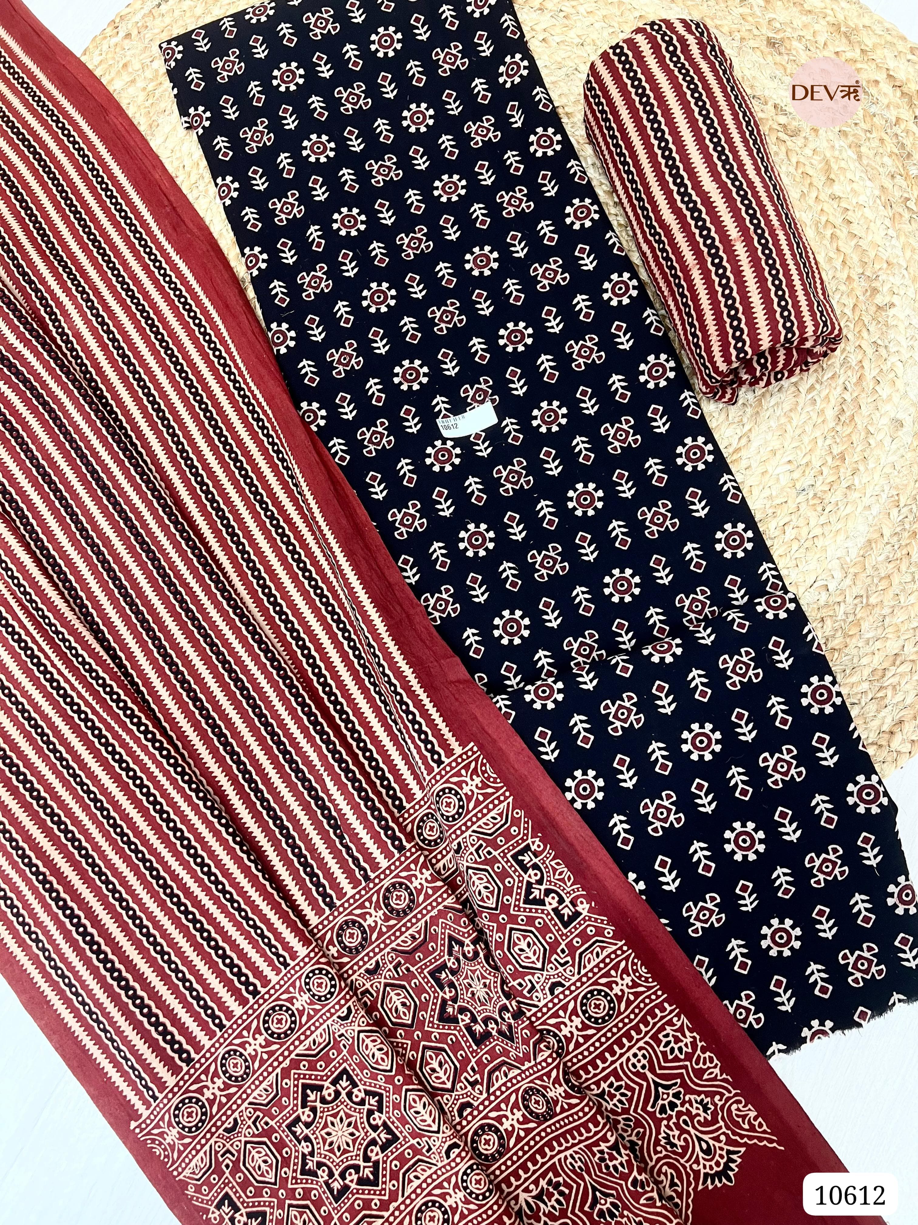 Black Cotton Unstitched Ajrak Printed -Set Of 3