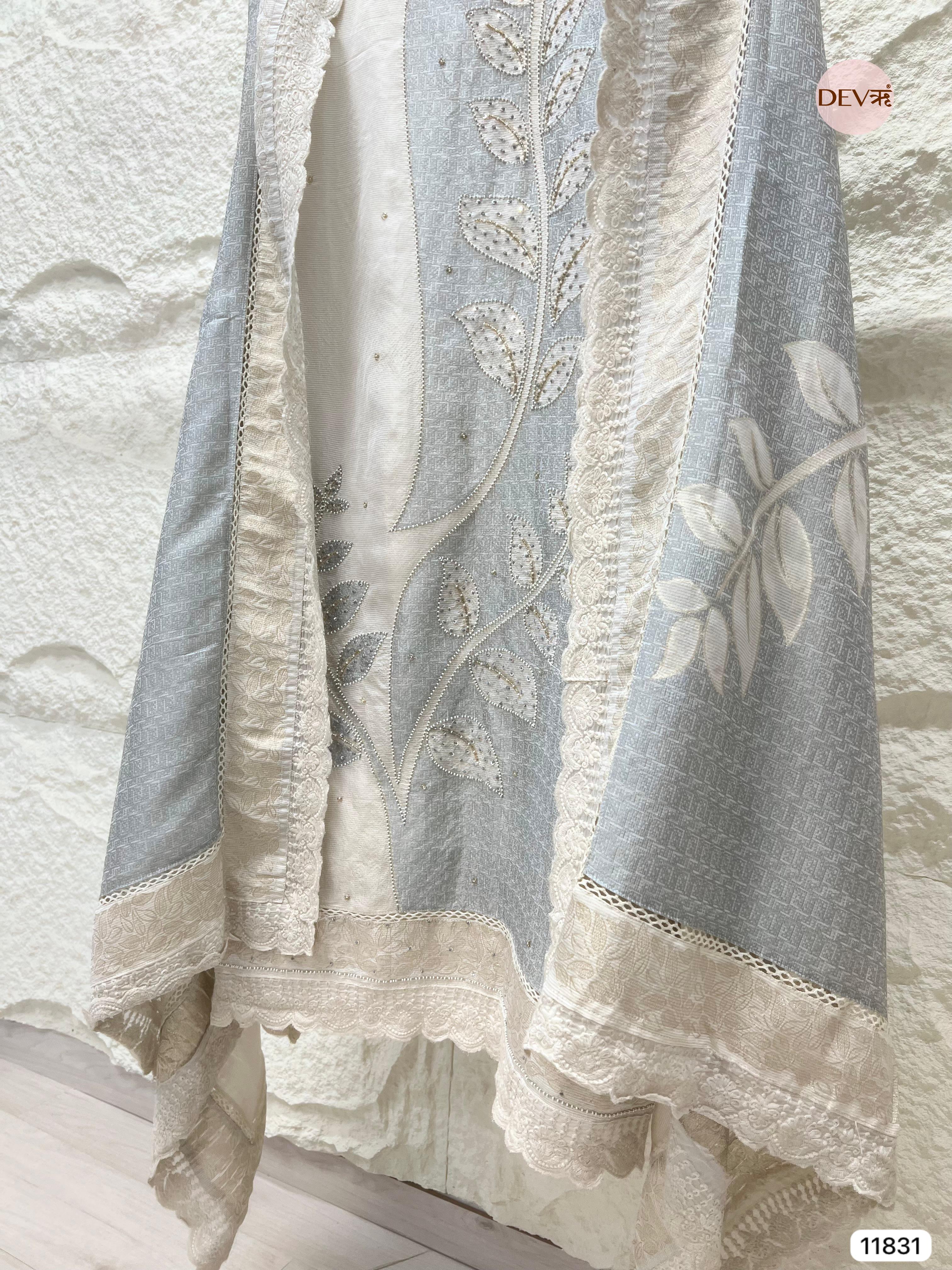 Light Grey/Silver Shimmer Silk Banarasi Weave Unstitched Hand Embroidered -Set Of 3- {11831}