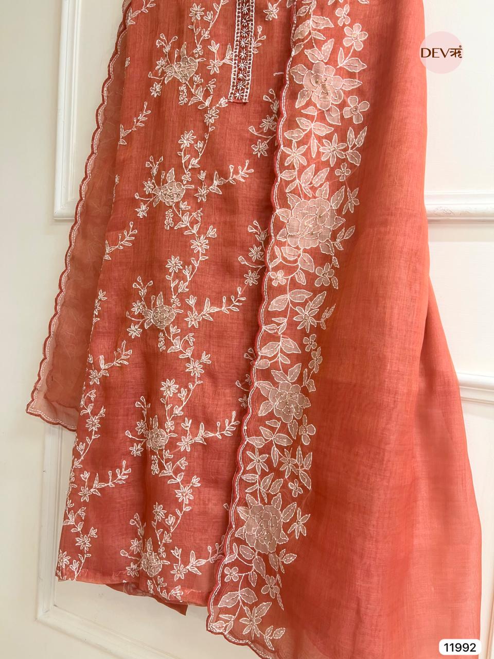 Rust Pure Mul Linen Unstitched Embroidered -Set Of 3 - {11992}