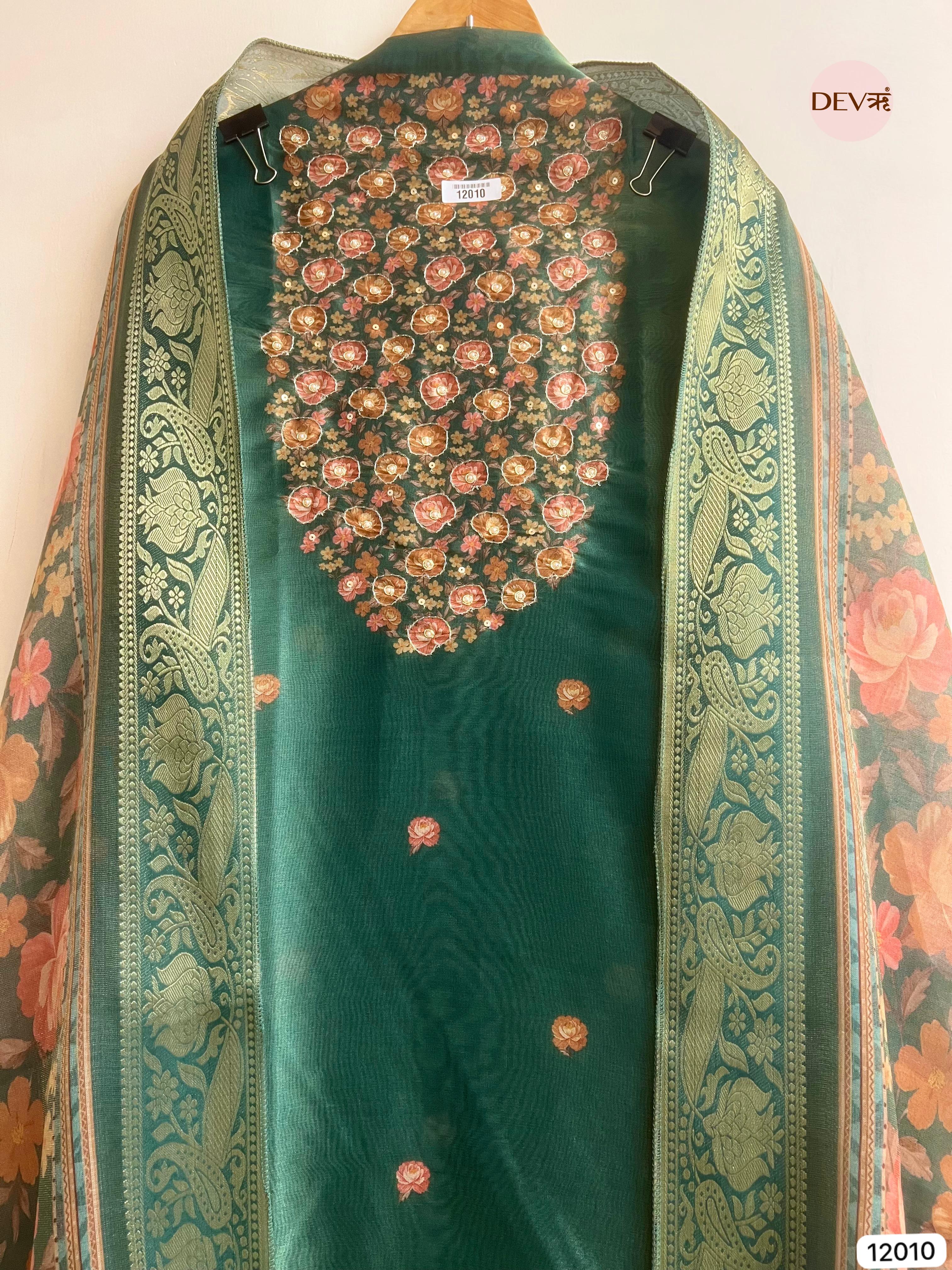 Green Tissue Silk Unstitched Printed Hand Embroidered -Set Of 3- {12010}