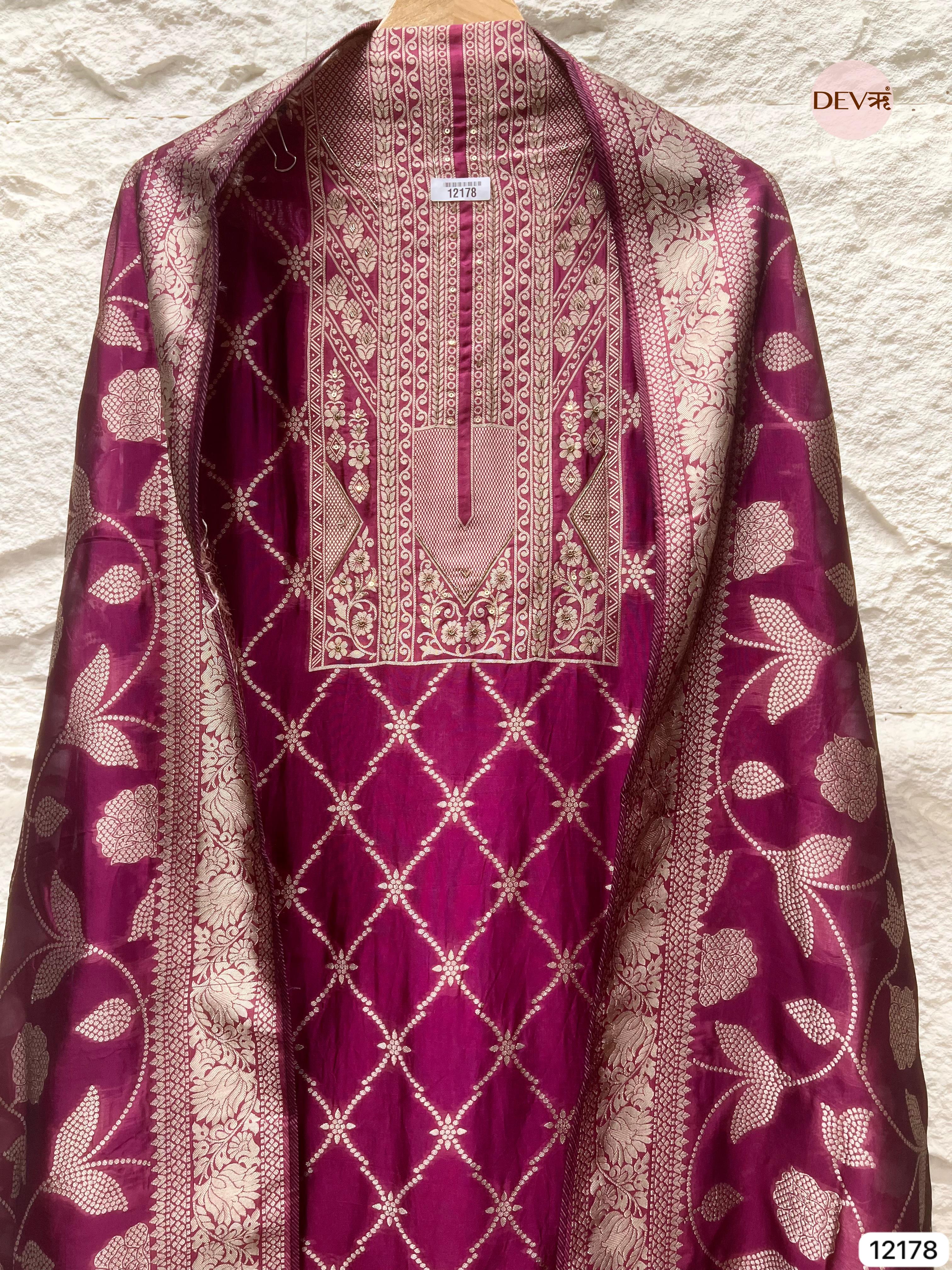 Magenta Pink Pure Banarasi Silk Unstitched Hand Embroidered-Set of 3 - {12178}