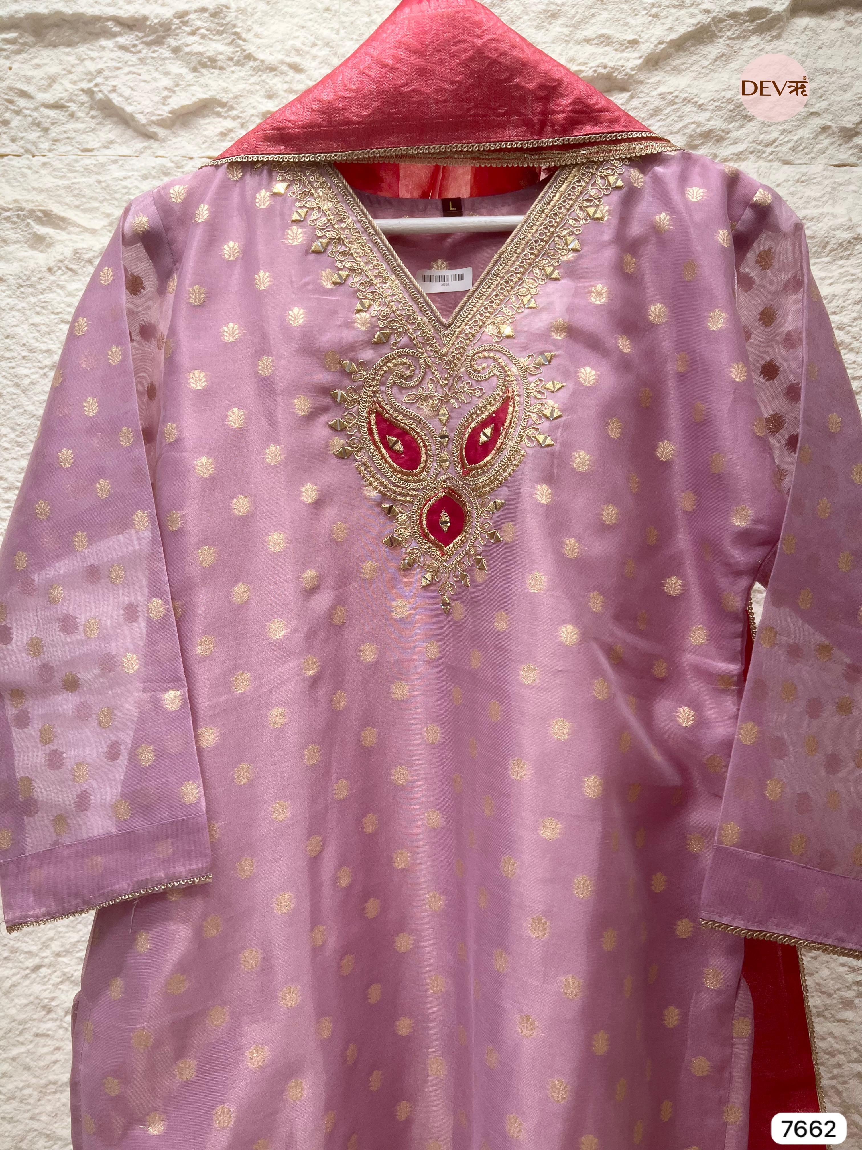 {7662}Pink Tissue Silk Stitched Printed Embroidered -Set Of 3