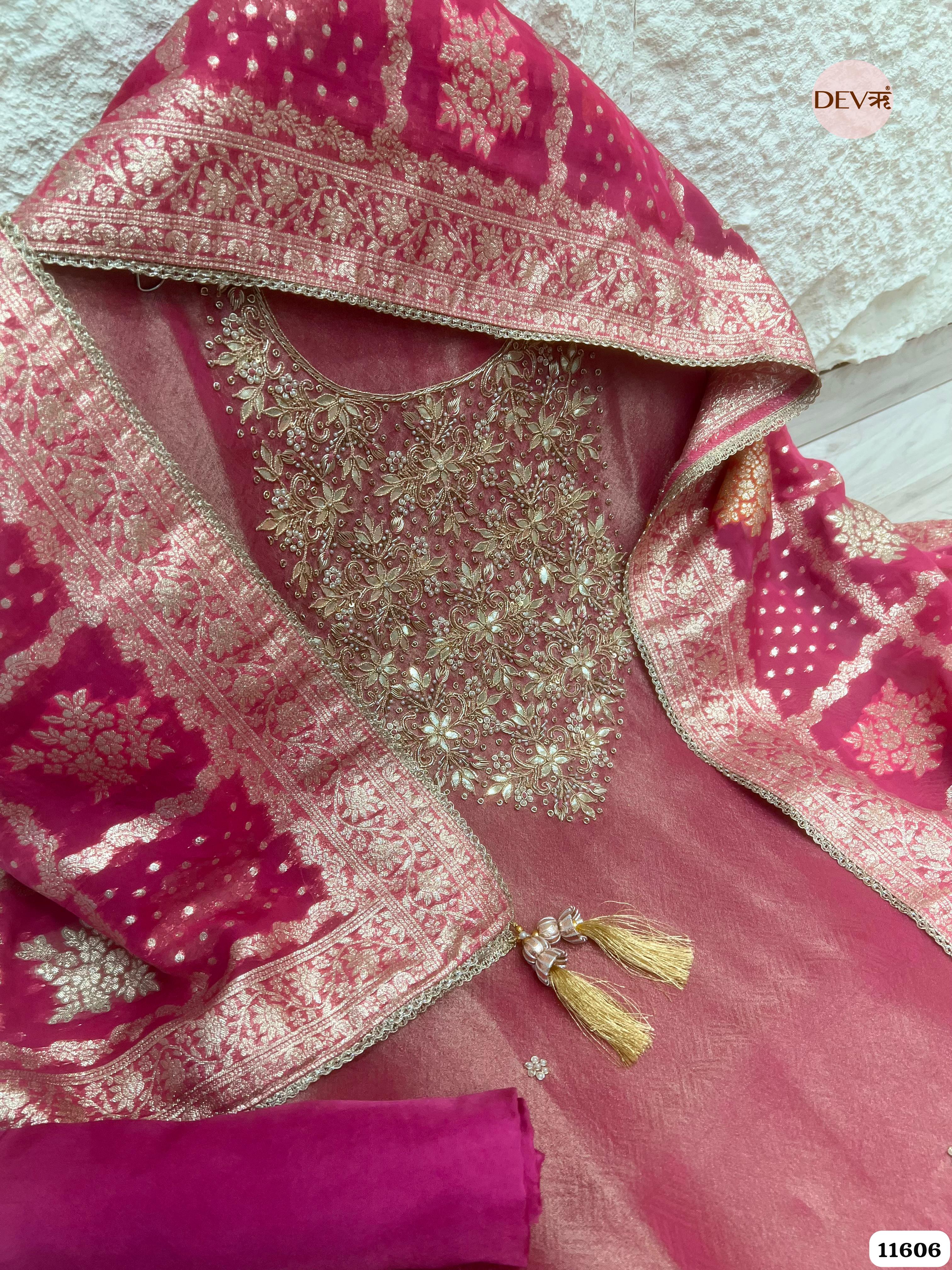 Crimson Pink Pure Tissue Banarasi Silk Unstitched Hand Embroidered -Set Of 3 {11606}