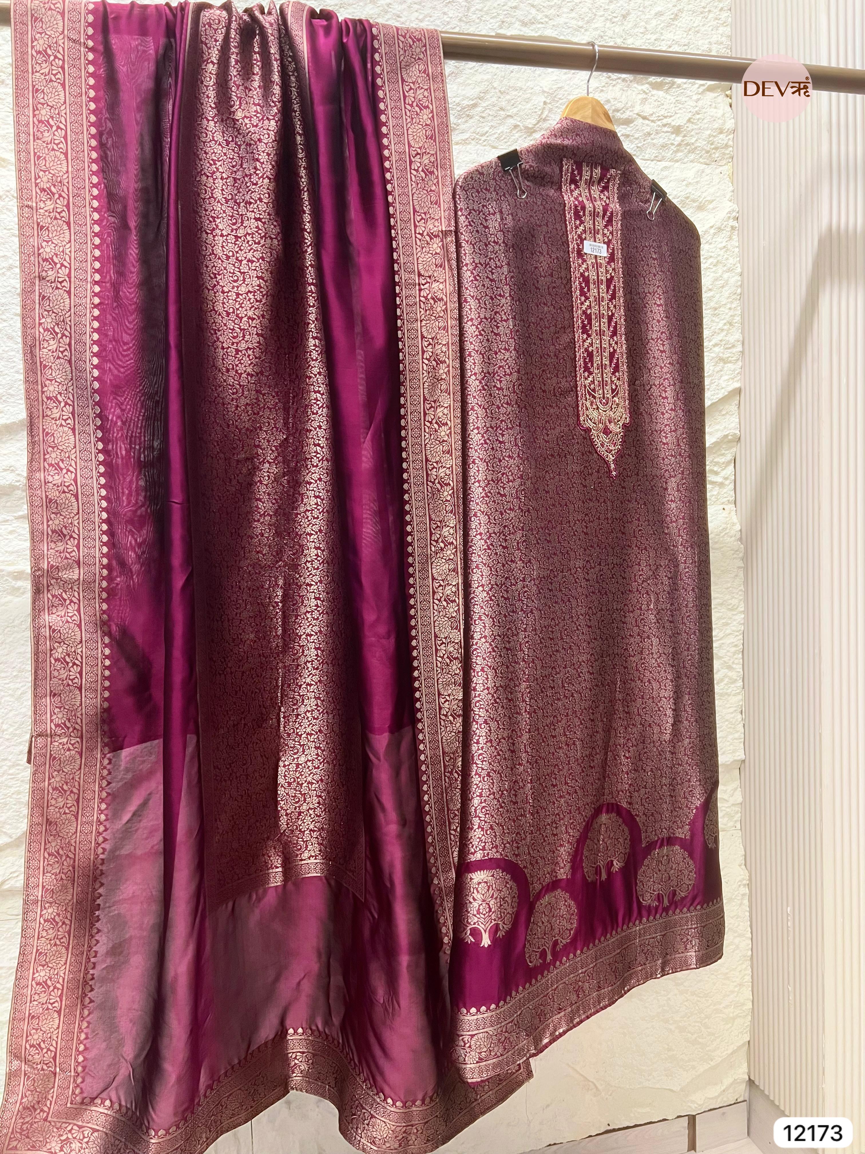 Dark Magenta Pure Banarasi silk Unstitched Hand Embroidered -Set Of 3 - {12173}