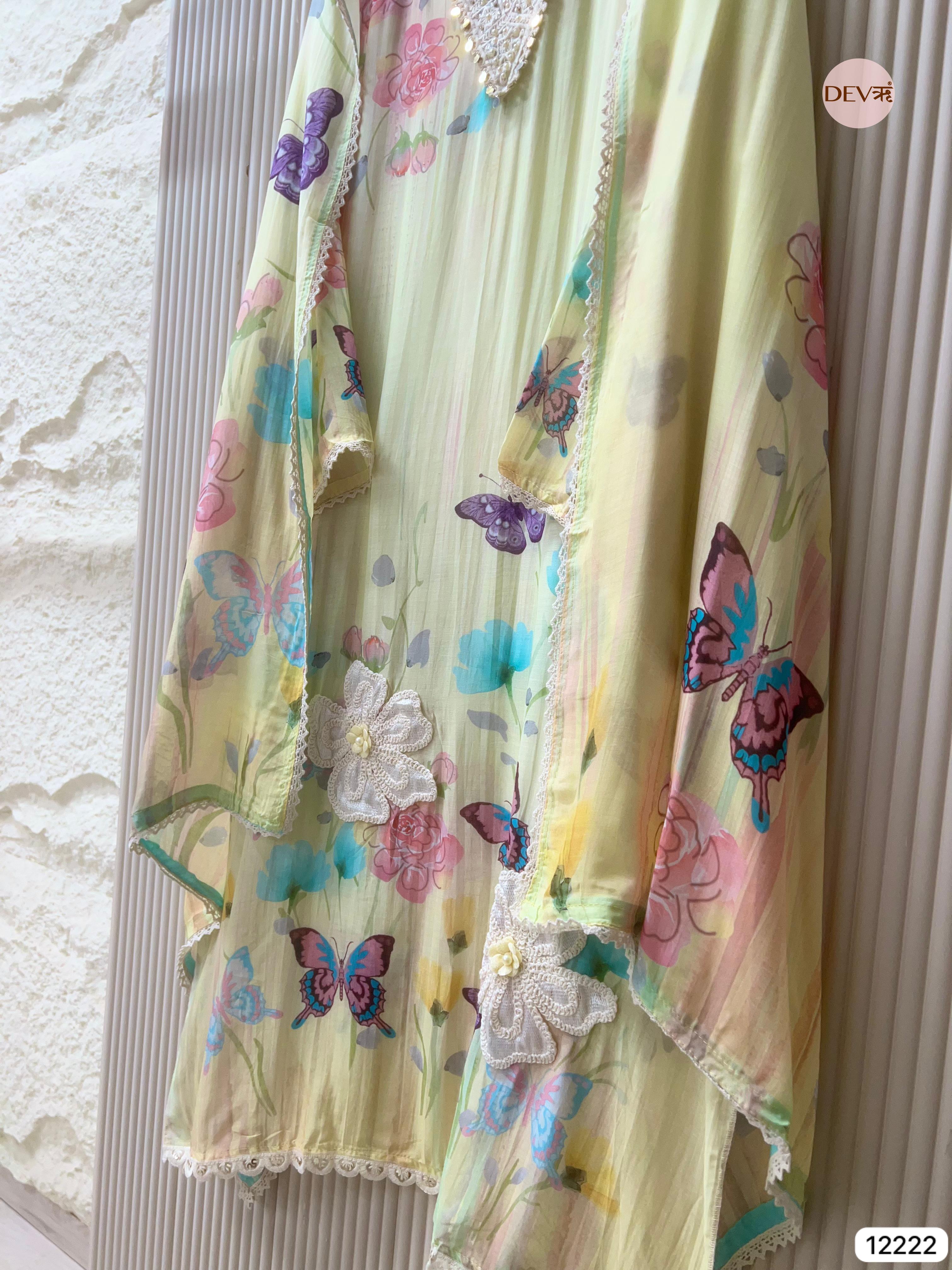 Pastel Yellow Mul Chanderi Printed Unstitched 3-Piece Suit (Devri – D.No 12222)