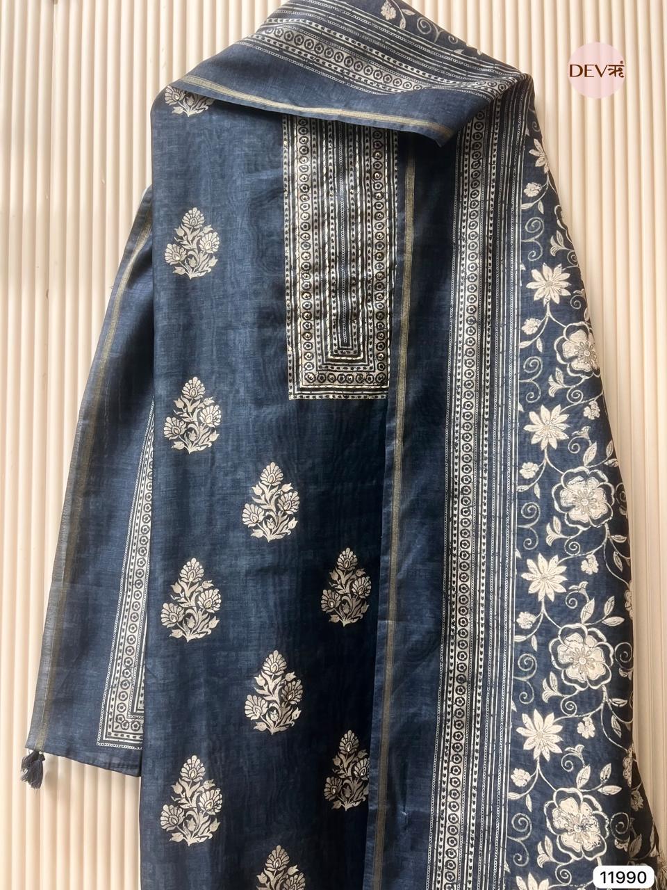 Navy Mul Chanderi Printed Unstitched 3-Piece Suit (Devri – D.No 11990)