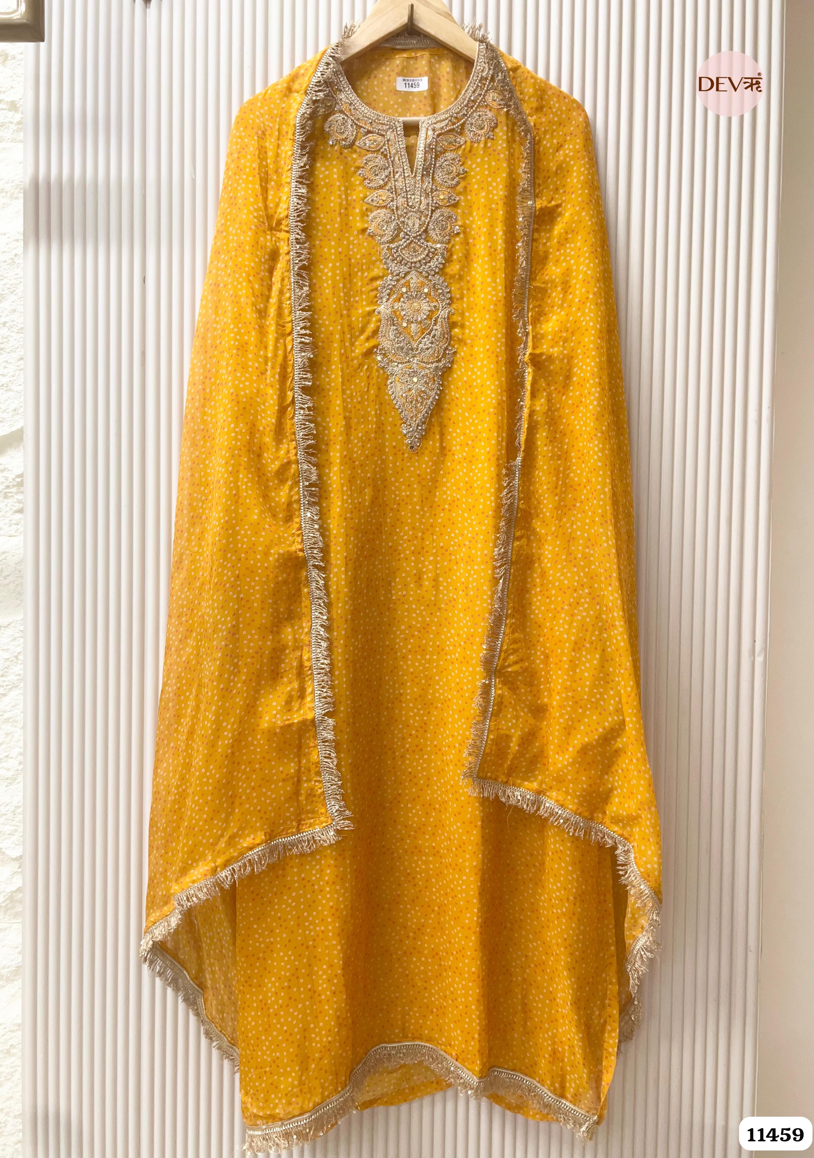 Yellow Pure Organza Printed Hand Embroidered -Set Of 3 {11459}