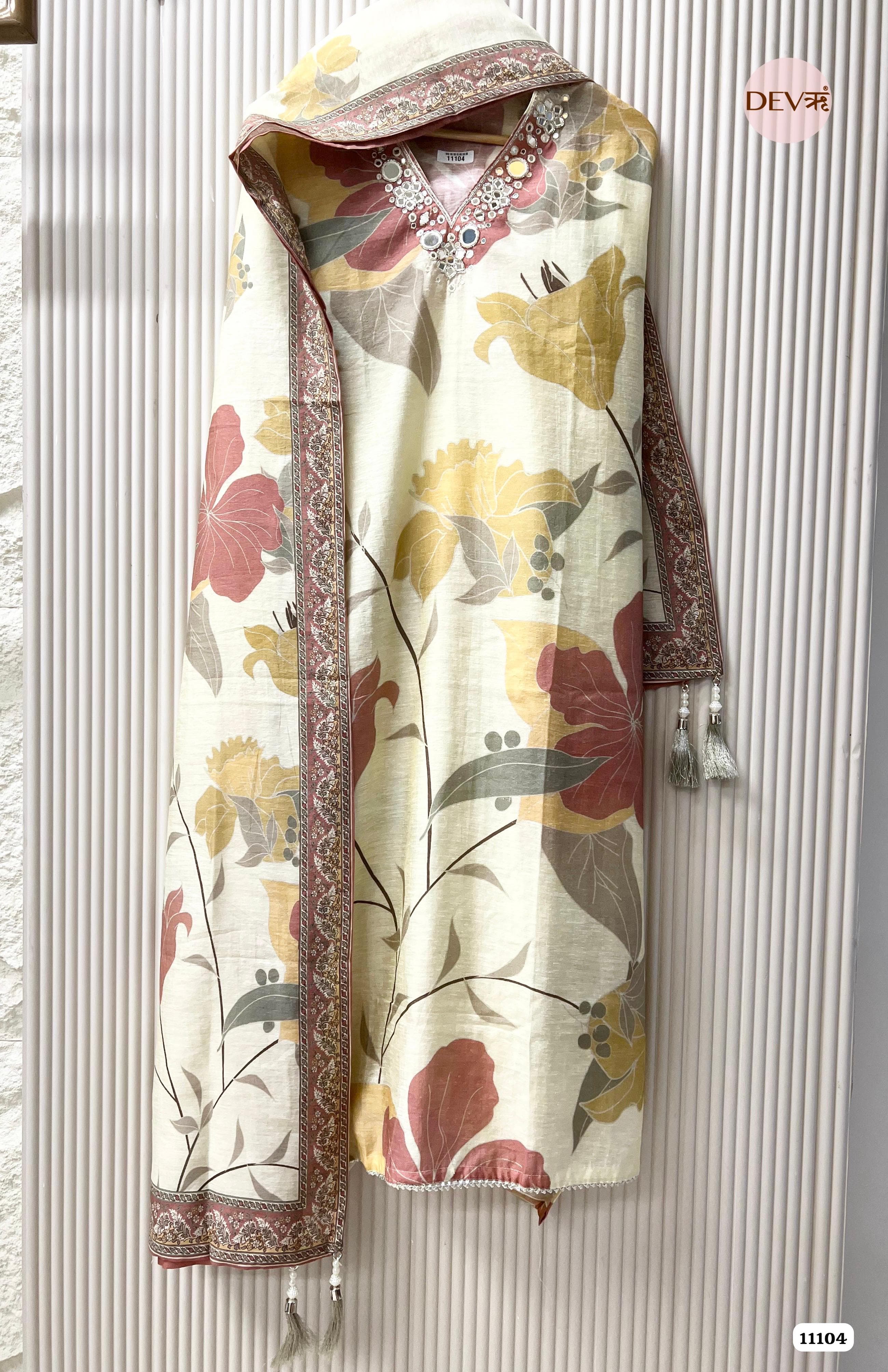 Creamy White Mul Chanderi Printed Unstitched Hand Embidered -Set Of 3 {11104}