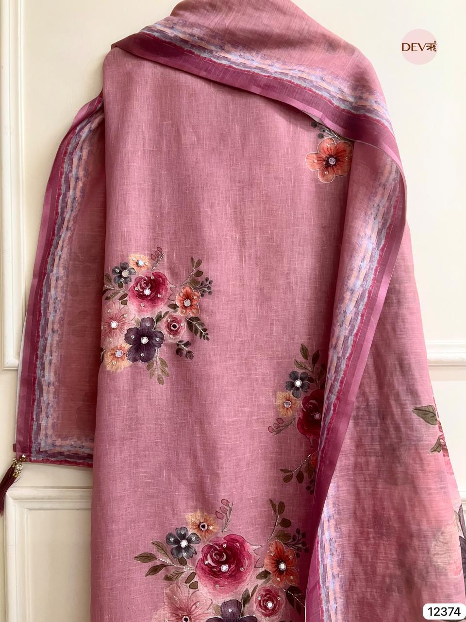 Rose Pink Linen Printed Unstitched 3-Piece Suit (Devri – D.No 12374)
