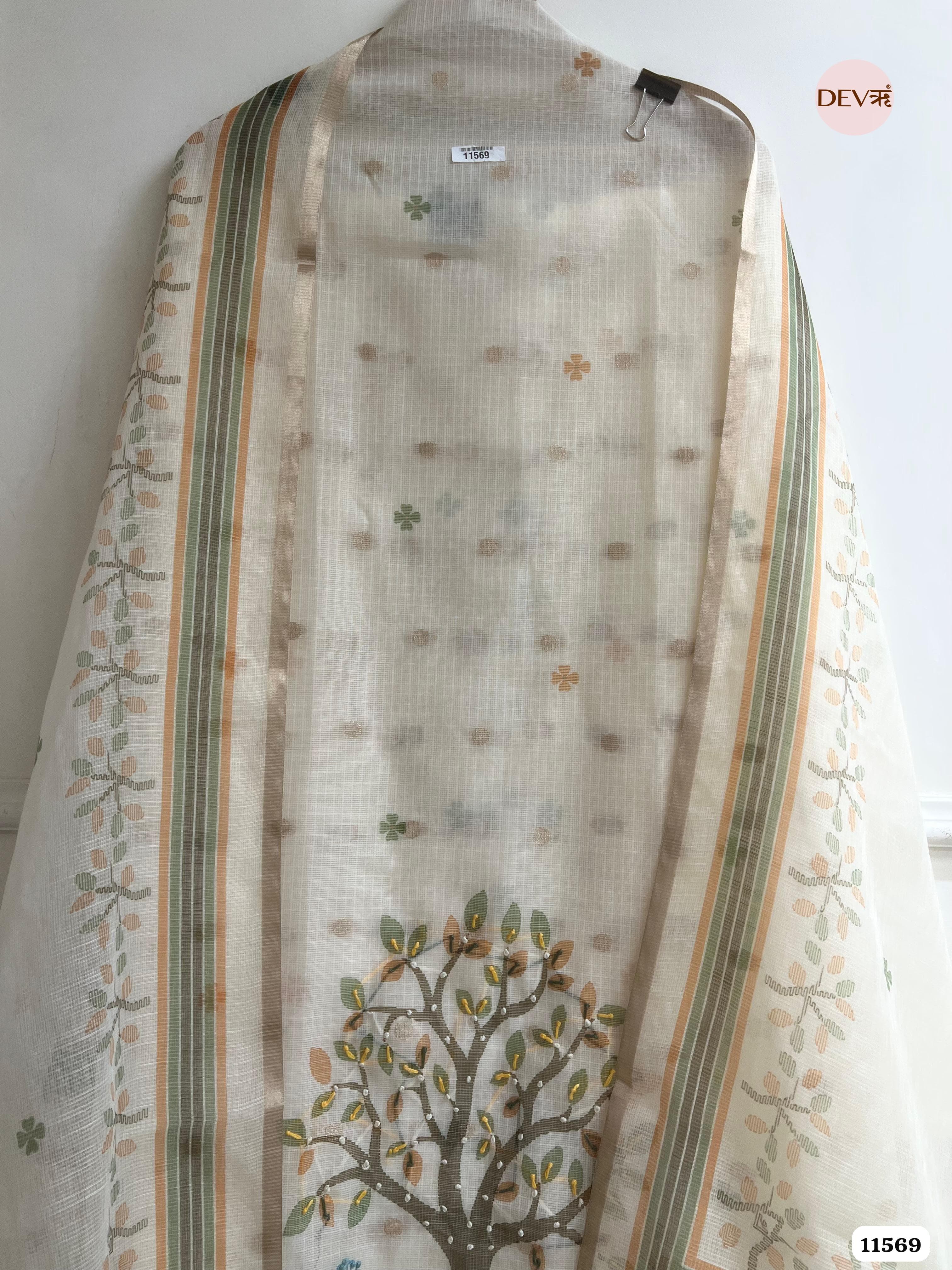 Off White Kota Silk Unstitched Printed Hand Embroidered -Set Of 3 {11569}