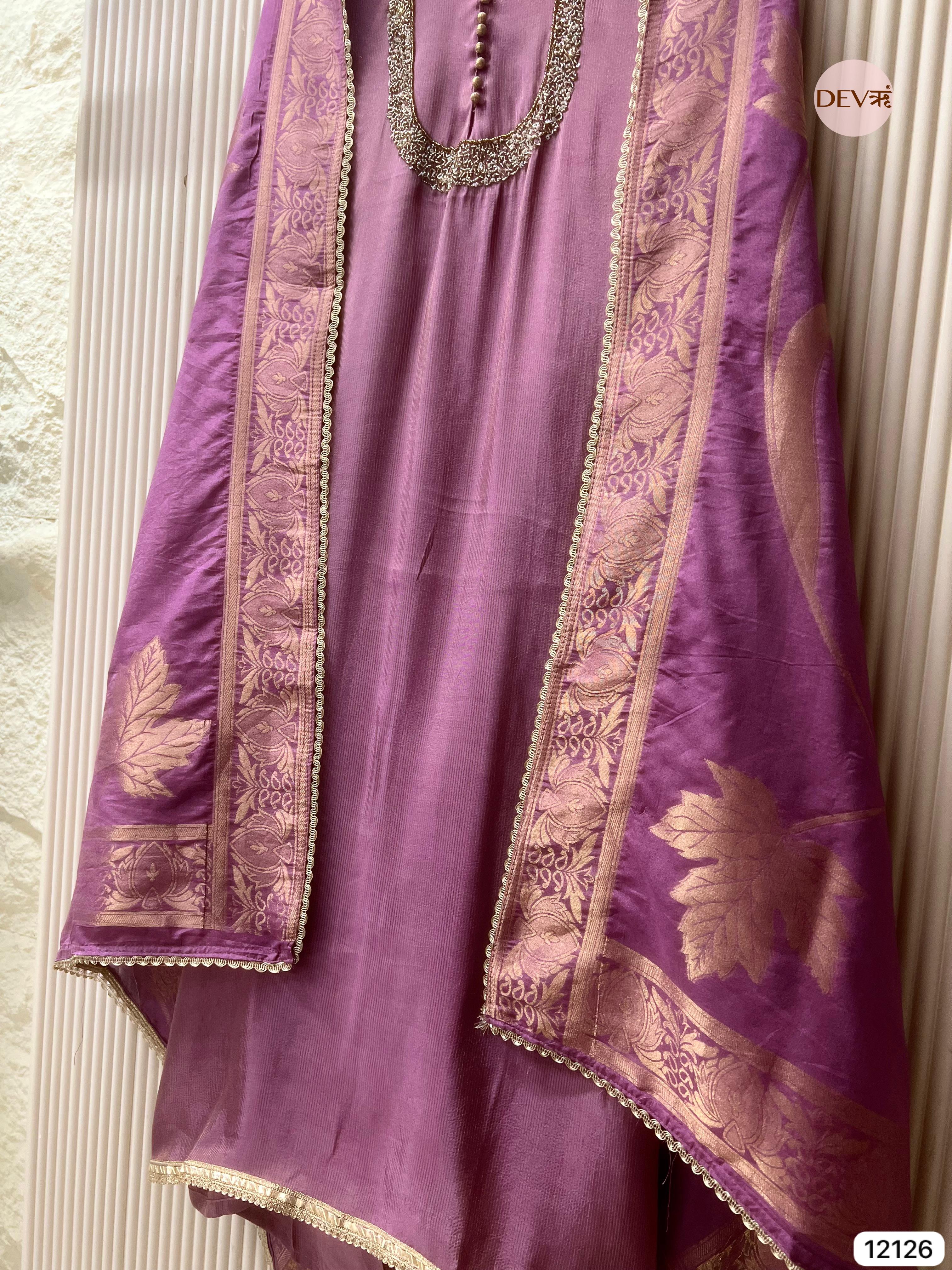 Purple Shimmer Silk Unstitched Hand Embroidered -Set Of 3 - {12126}