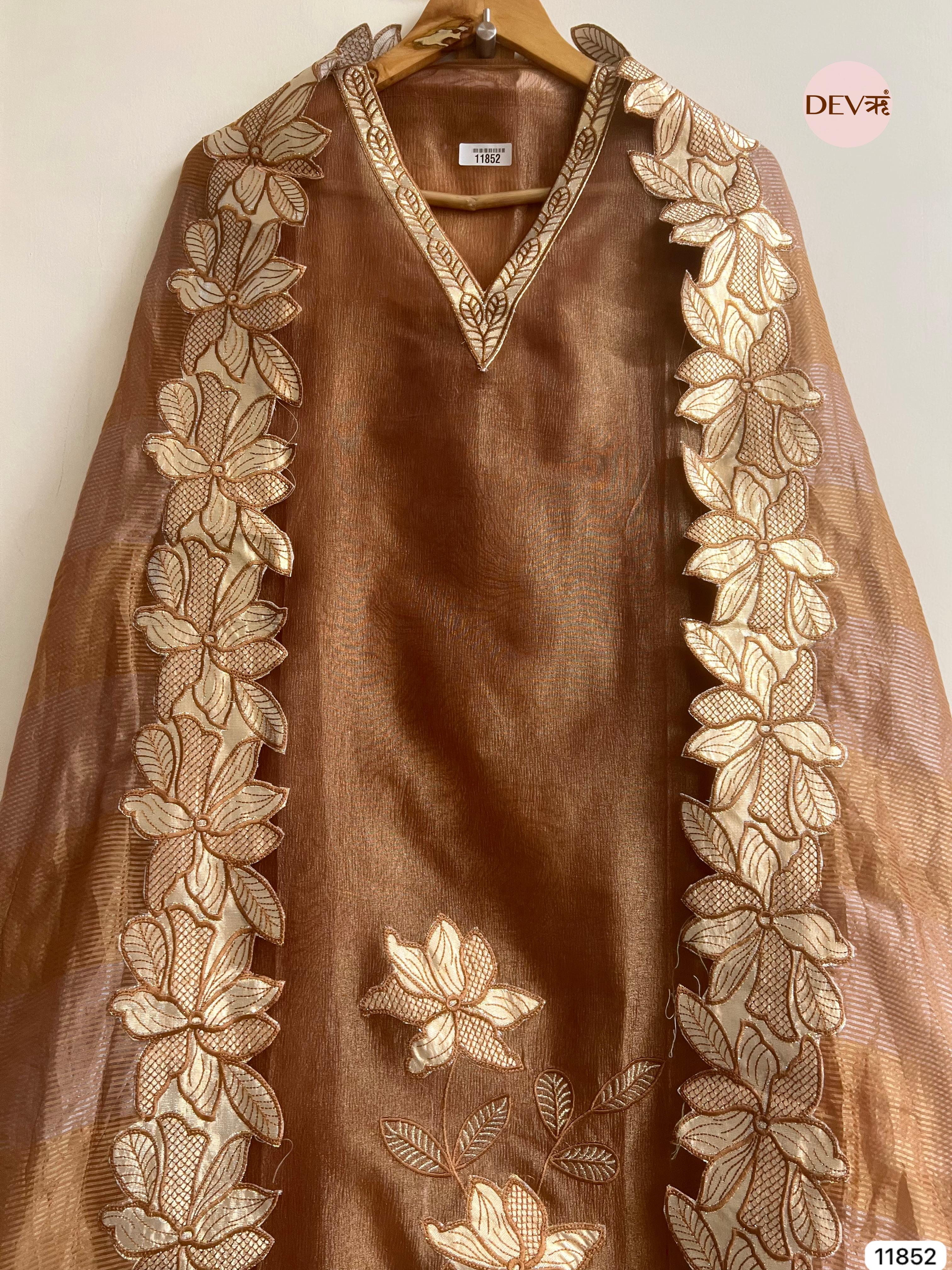 Brown Tissue Silk Unstitched Embroidered -Set Of 3- {11852}