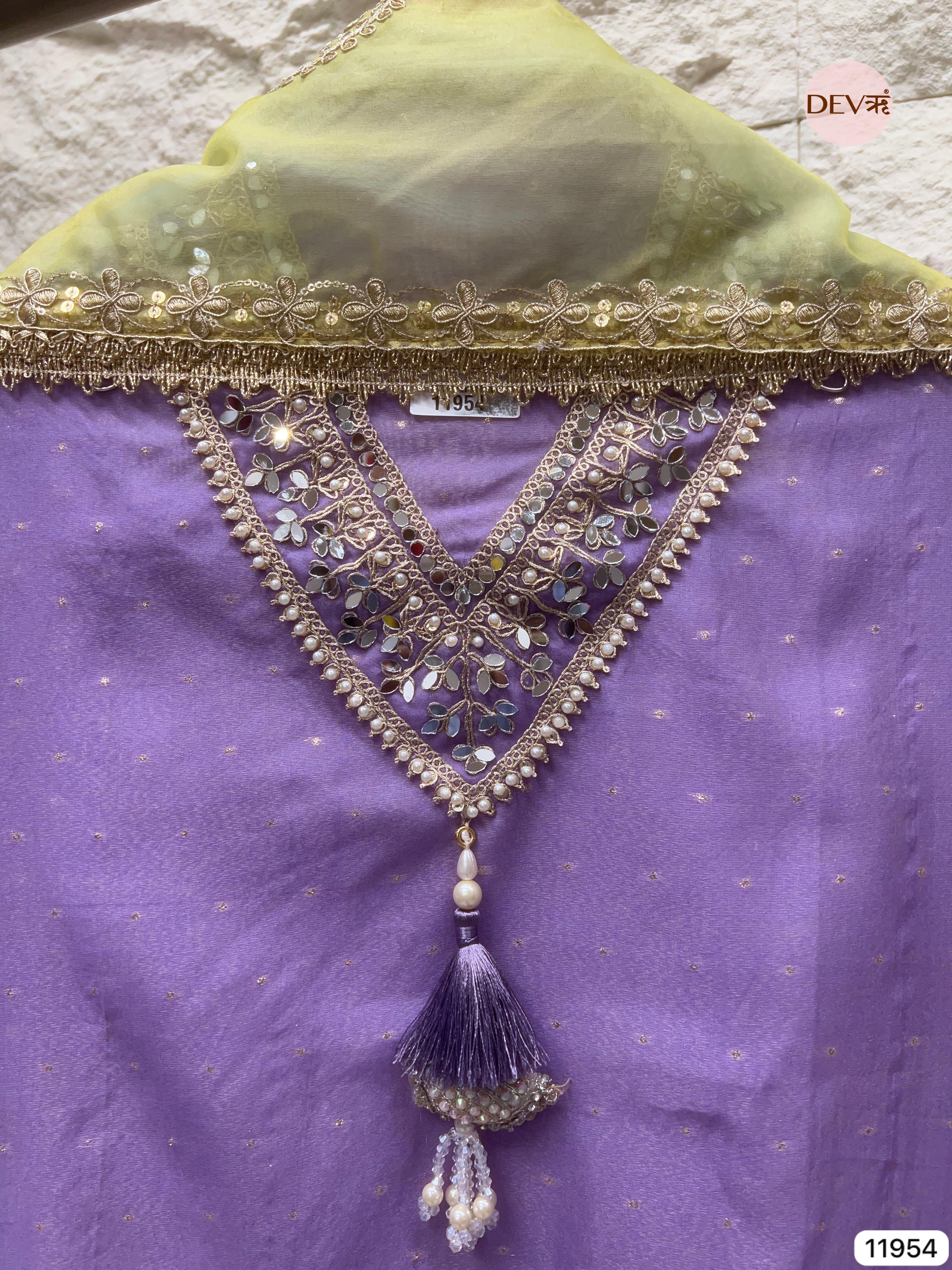 Purple Pure Shimmer Tissue Silk Unstitched Hand Embroidered -Set Of 3 - {11954}