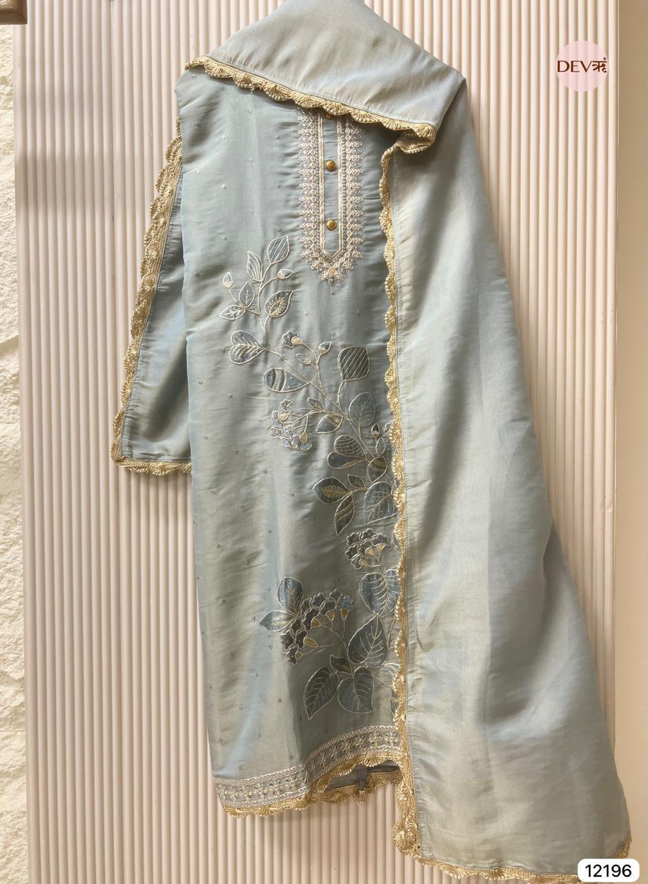 Ice Blue Shimmer Silk Embroidered Unstitched 3-Piece Suit (Devri – D.No 12196)