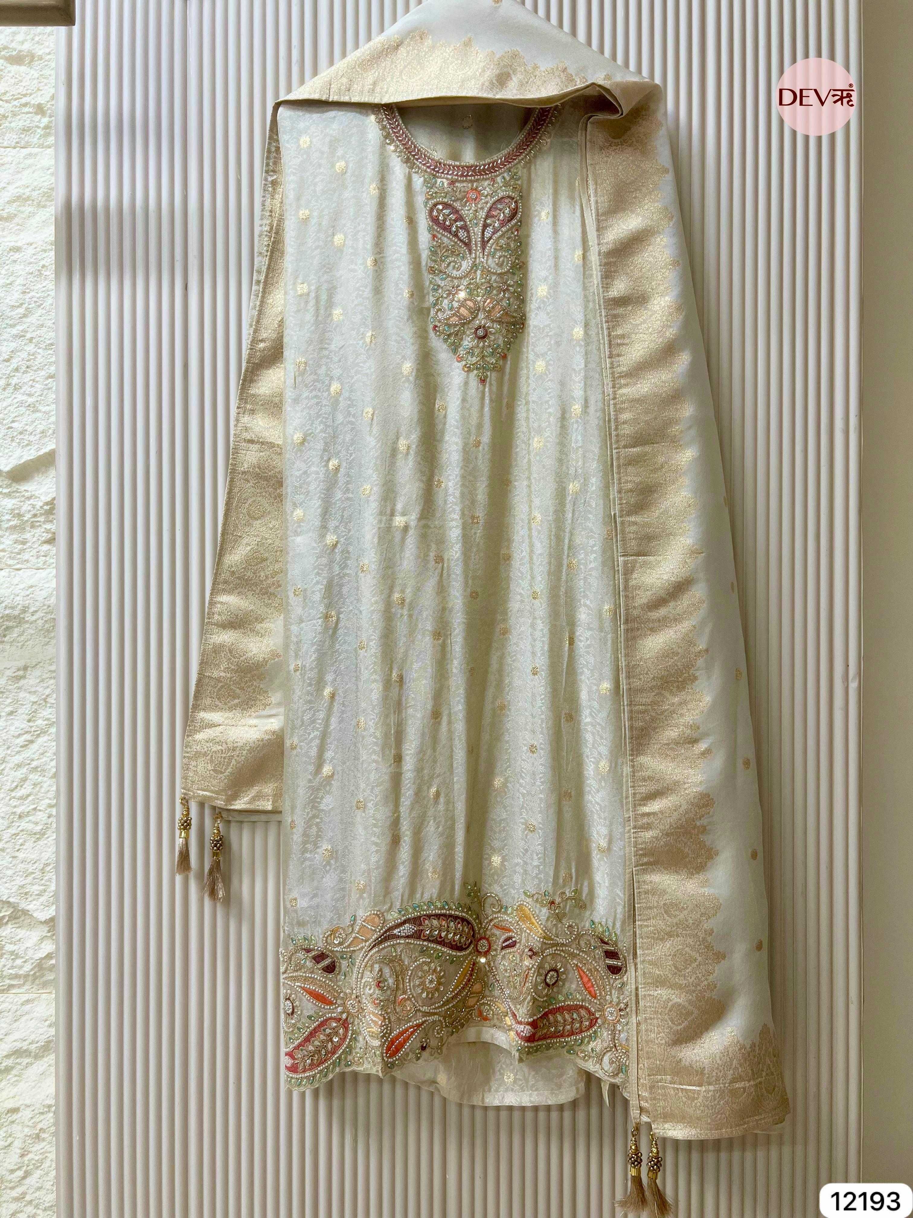 Beige creame Pure Shimmer Silk Banarasi Woven -Set Of 3 - {12193}