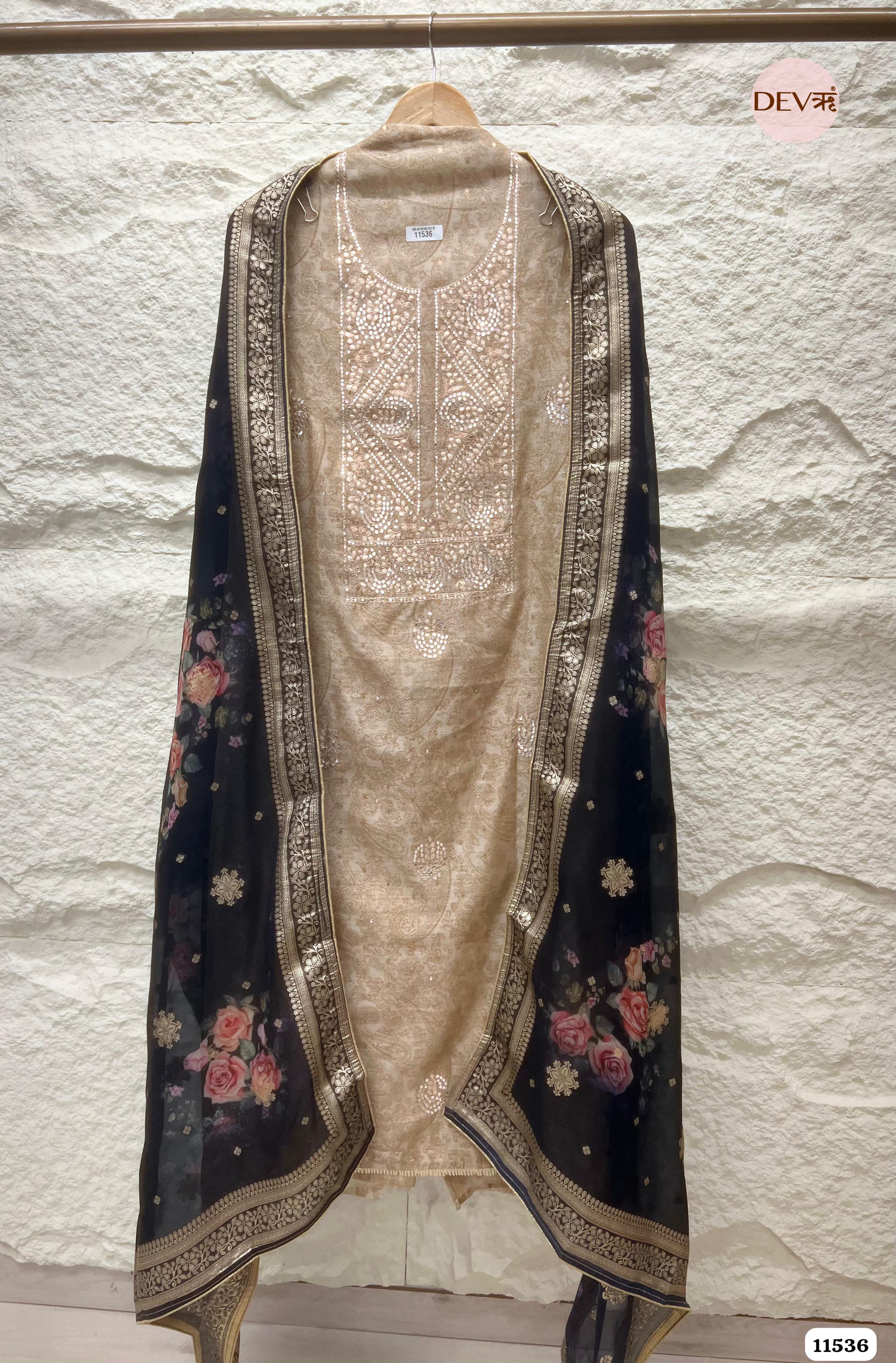 Cream Colour Pure Organza Silk Printed Unstitched Hand Embroidered -Set Of 3 {11536}