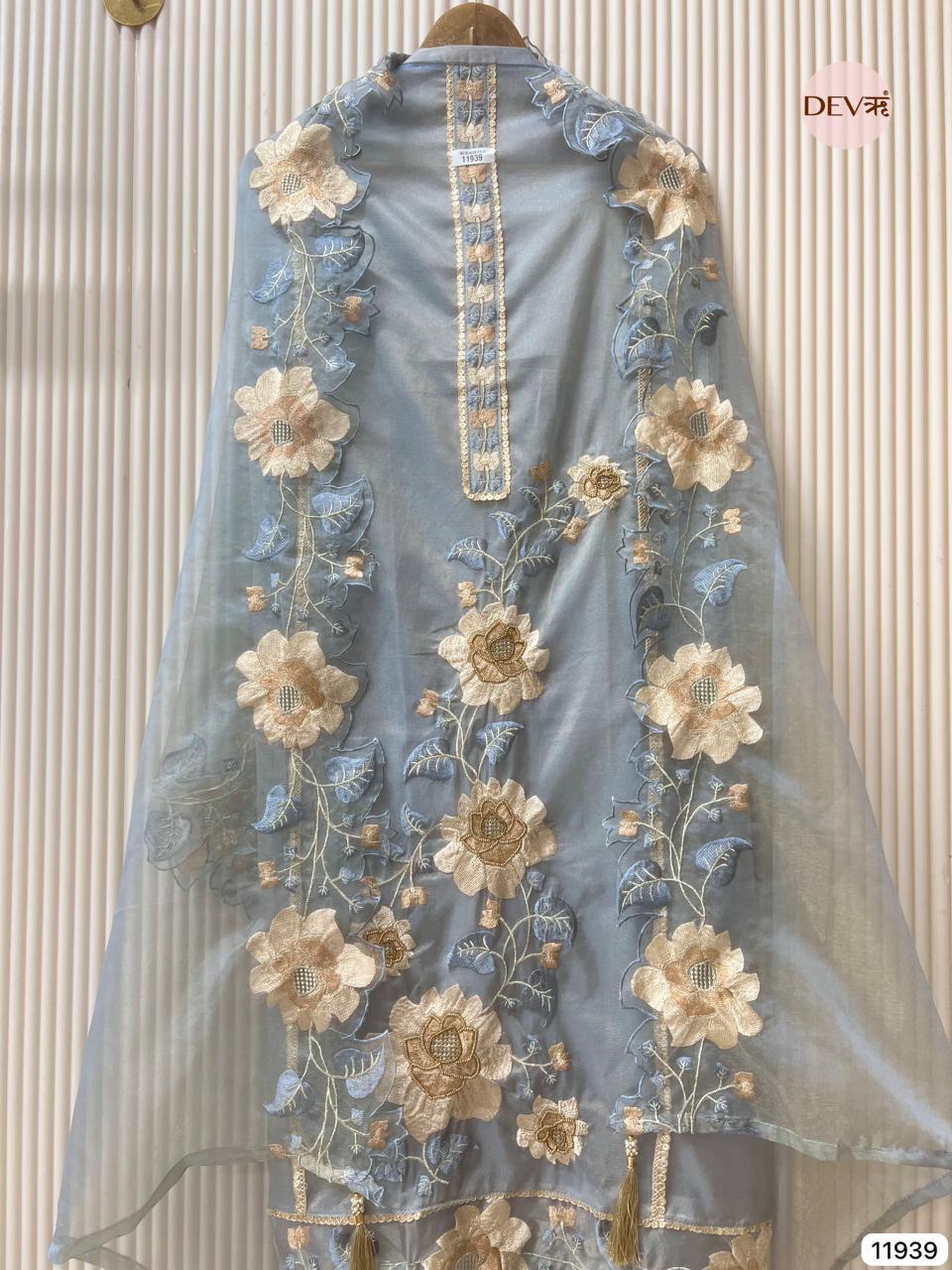 Blue Tissue Shimmer Embroidered Unstitched 3-Piece Suit (Devri – D.No 11939)
