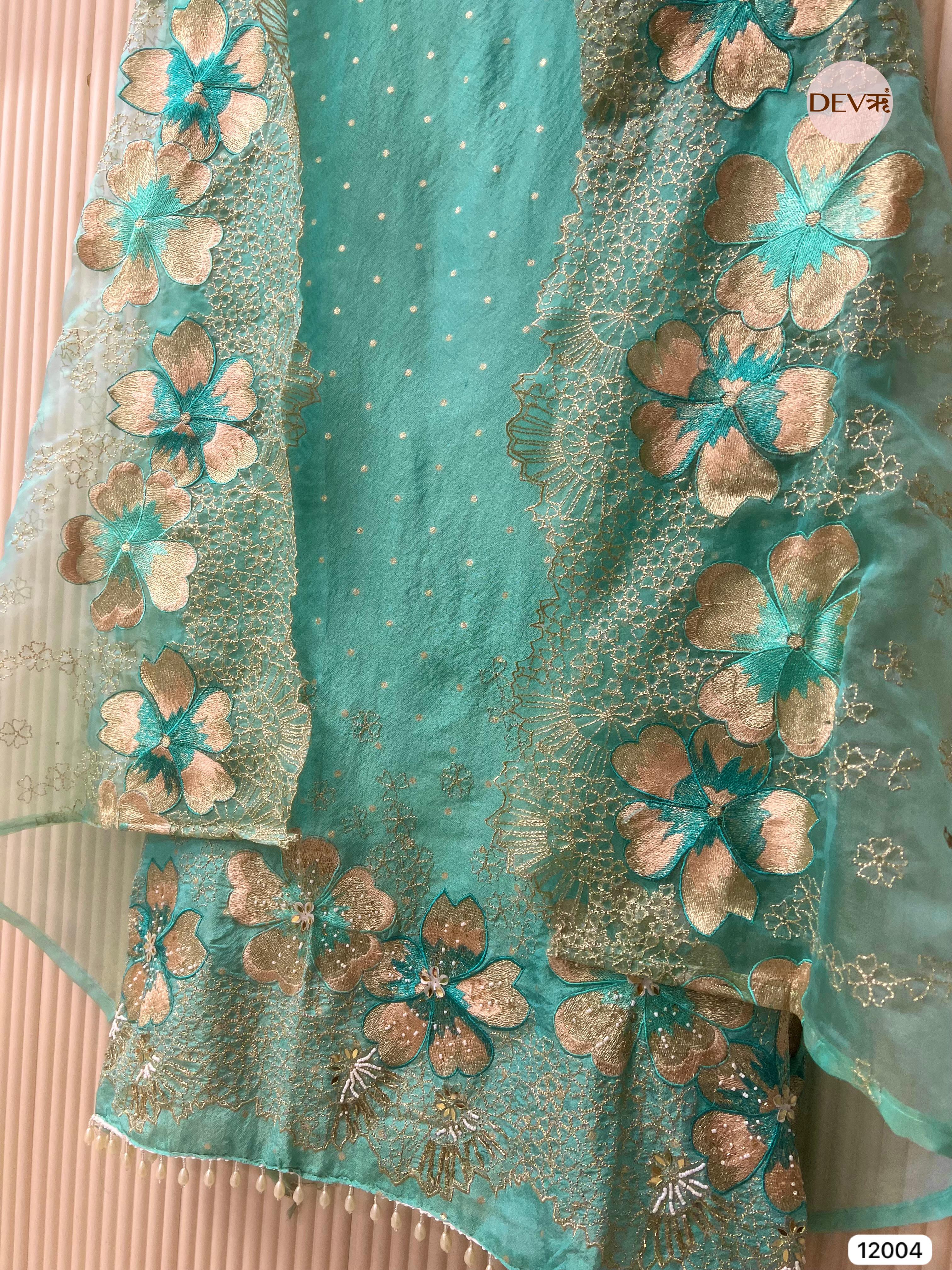 Blue Tissue Shimmer Silk Unstitched Embroidered -Set Of 3 - {12004}