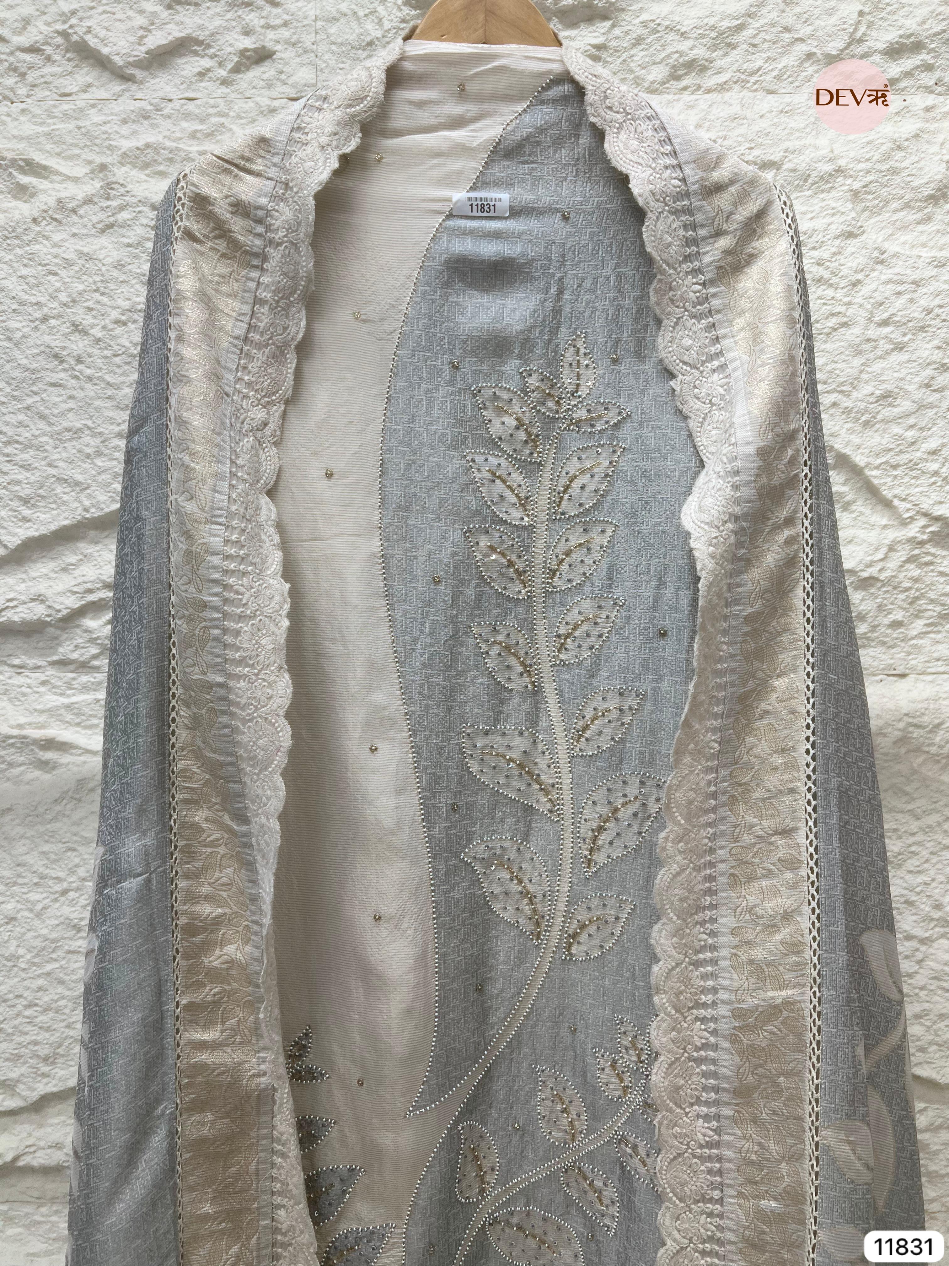 Light Grey/Silver Shimmer Silk Banarasi Weave Unstitched Hand Embroidered -Set Of 3- {11831}